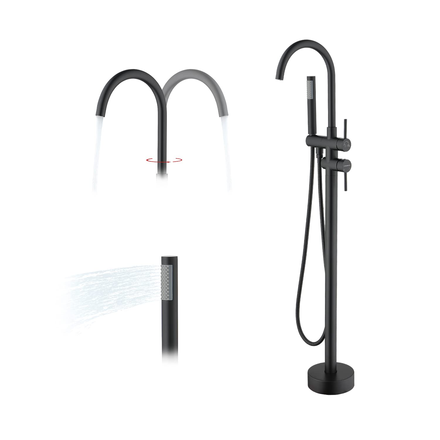 Freestanding Bathtub Faucet with Hand Shower - Matte Black Floor Mount Tub Filler - 360° Swivel Spout - 2 Lever Brass Mixer Tap - Ideal for Bathing Kids, Pets & Cleaning (Toilet/Tub/Floor Use)