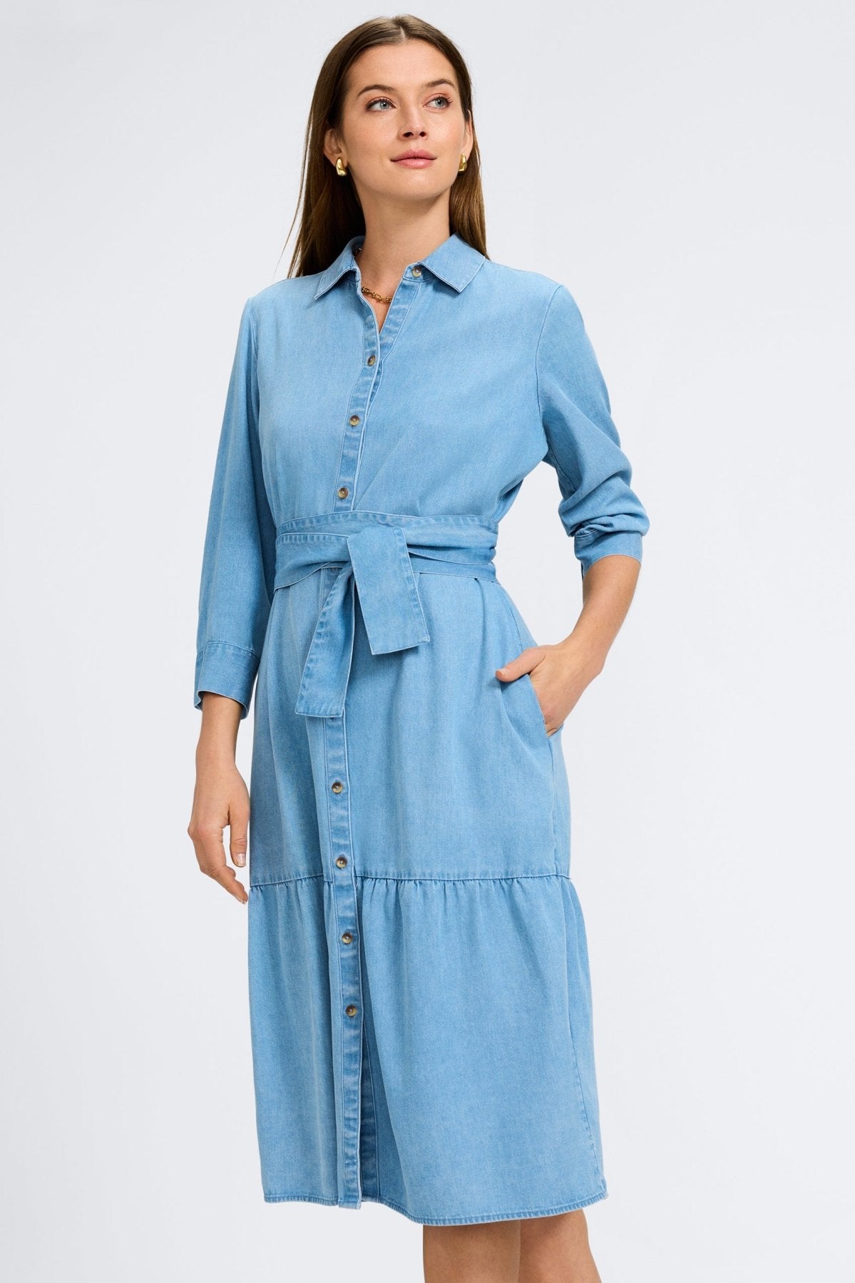 Ivy Tencel® Denim 3/4 Sleeve Midi Dress for Women - Comfortable Stretch Denim Dress for Casual Outings & Summer Wear
