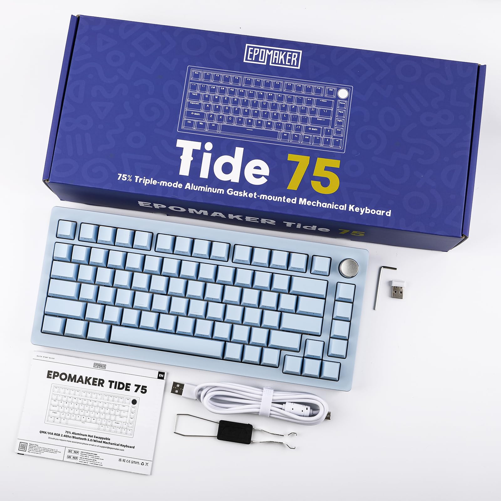 EPOMAKER Tide75 QMK/VIA Wireless Gaming Keyboard - 75% Aluminum Mechanical Keyboard with Programmable Creamy Keys, Bluetooth/2.4Ghz/USB-C Connectivity, FR4 Plate for Windows & Mac (Blue, Lemon Switch) - Perfect for Esports, Office Work & Typing Enthusiasts