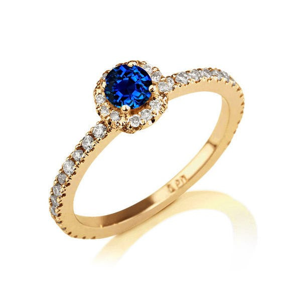 1.50 Carat Round Cut Sapphire & Moissanite Diamond Halo Engagement Ring in 10K Yellow Gold - Perfect for Proposals, Anniversaries & Bridal Jewelry Gifts