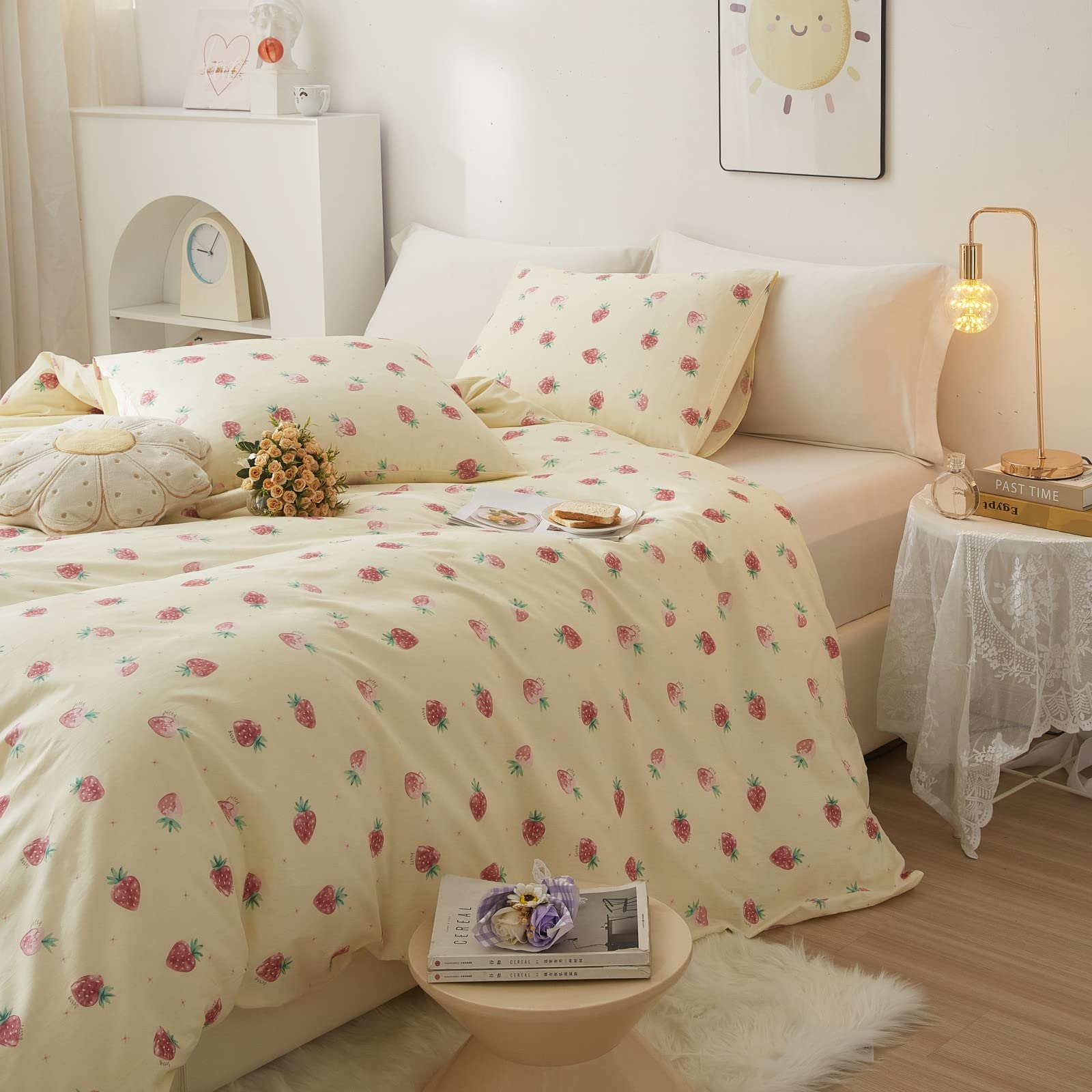 Soft AOJIM 100% Pure Cotton Kids Duvet Cover Set with Cute Strawberry Print - Twin Size Reversible Comforter Cover + 2 Pillowcases (3pc) for Girls' Bedroom Decor | Machine Washable & Hypoallergenic | Perfect for Nursery, Sleepovers & Cozy Bedtime