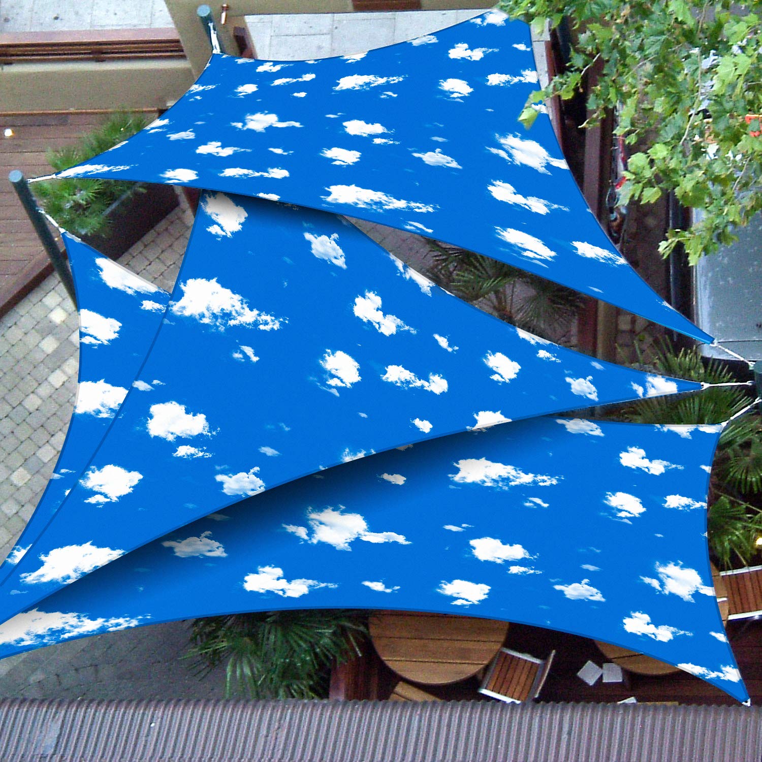 7' x 10' x 12.2' Right Triangle Sun Shade Sail - Waterproof UV Block Canopy Cover in Blue Sky White Cloud Design - Durable Outdoor Patio Awning for Garden, Backyard & Deck Protection from Sun