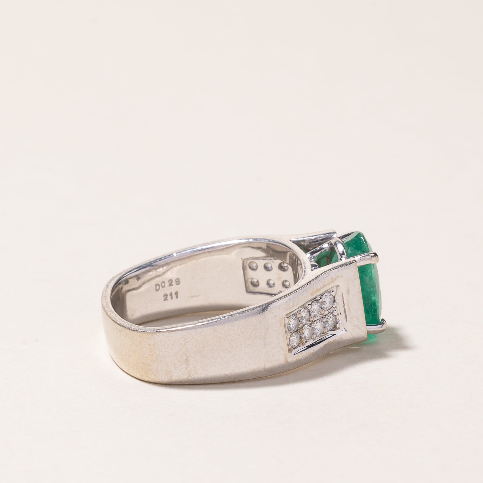14K White Gold Emerald and Diamond Ring - 2.11ct Emerald & 0.28ctw Diamonds - Size 7.5 - Elegant Engagement, Wedding or Anniversary Jewelry Gift