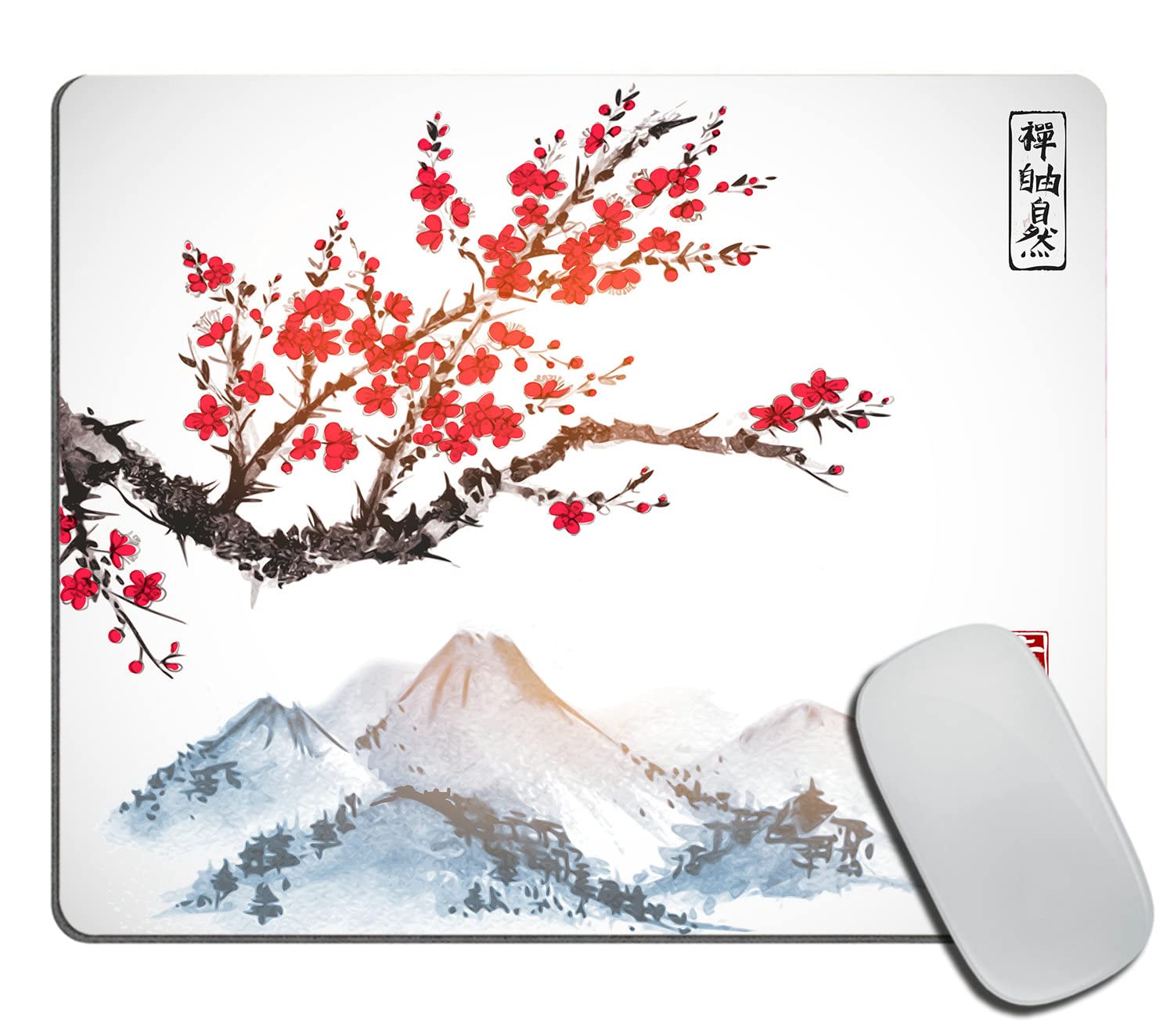 Premium Japanese Ink Painting Mouse Pad - Cherry Blossom & Snow Mountain Design, Non-Slip Rubber Base, 9.5