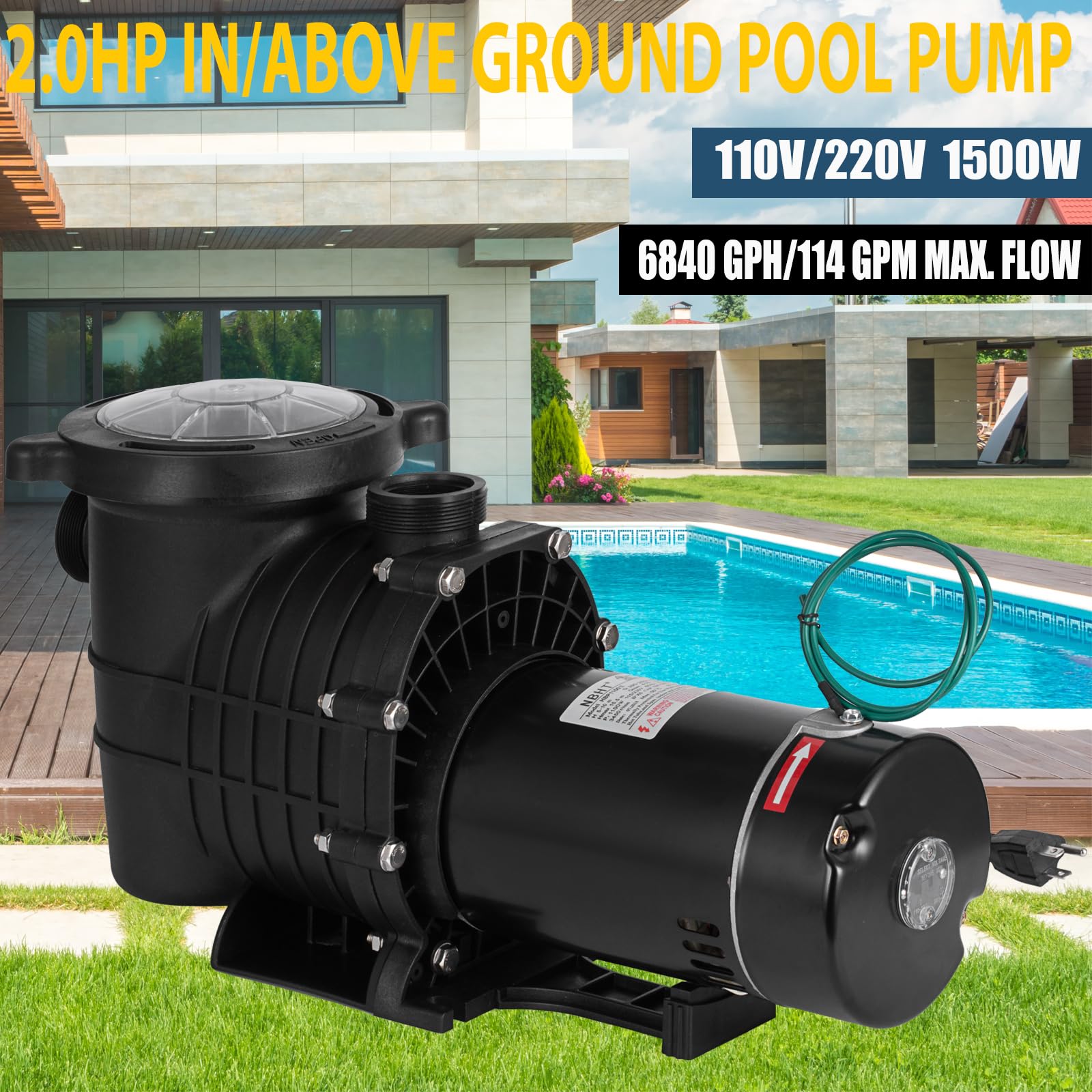 2HP Inground Pool Pump - Dual Voltage 110V/220V High Flow Swimming Pool Pump (6840 GPH) - Self Priming Above Ground Pool Pumps 1500W with Strainer Basket, Drain Plug & 6 Connectors - Perfect for Residential & Commercial Pool Maintenance, Water Circulation & Filtration Systems