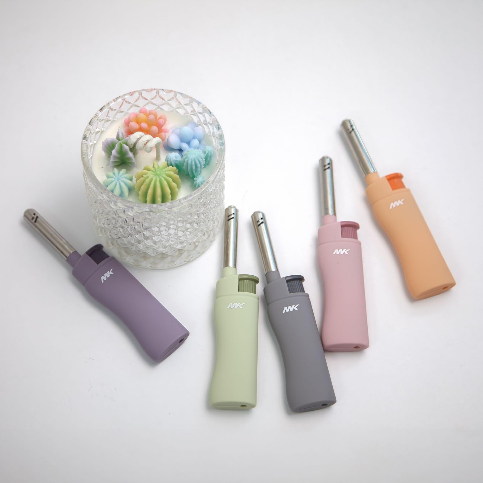 MK Windproof Butane Refillable Lighters - 5pc Pastel Set for Candles, BBQ, Camping & Outdoor Use | Long-Lasting Flame for Home, Parties & Travel