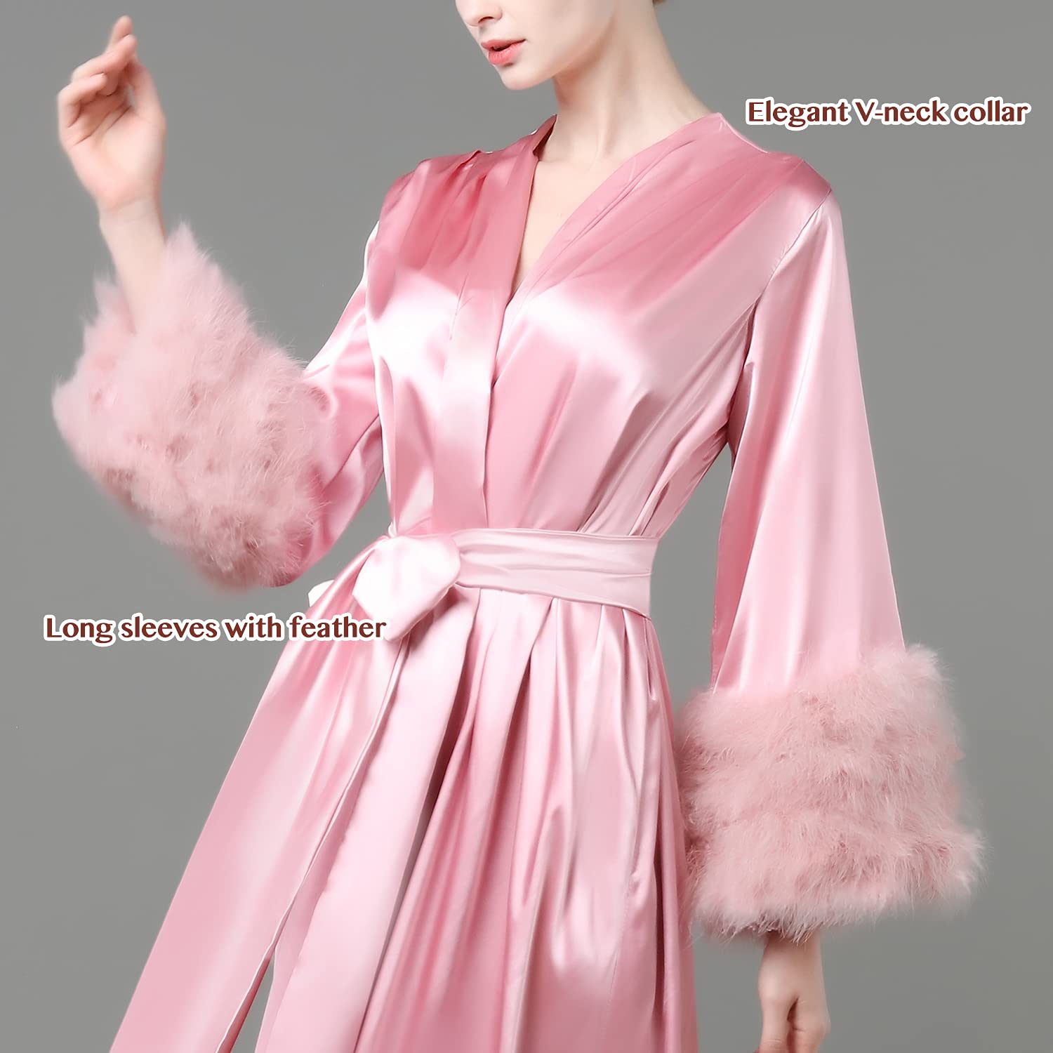 Luxury Women's Feather Trim Bathrobe - Soft Plush Fleece Kimono Robe with Belt for Spa, Bridal, Sleepwear & Lounging at Home