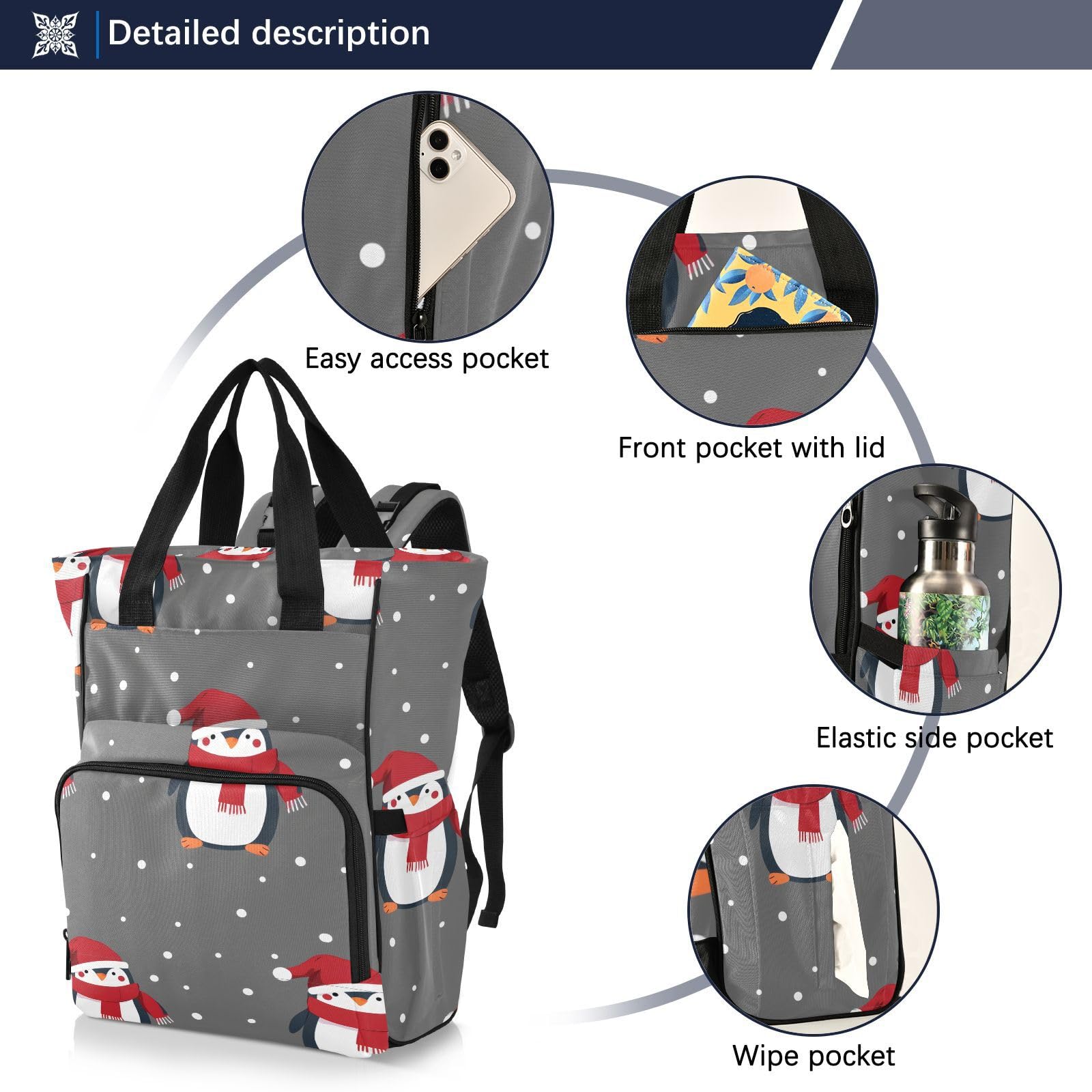 **PJXTH Gray Penguin Diaper Backpack - Large Capacity Waterproof Baby Bag with Insulated Pockets & Stroller Straps - Travel, Daycare, Park - Unisex for Moms, Dads, Boys & Girls**