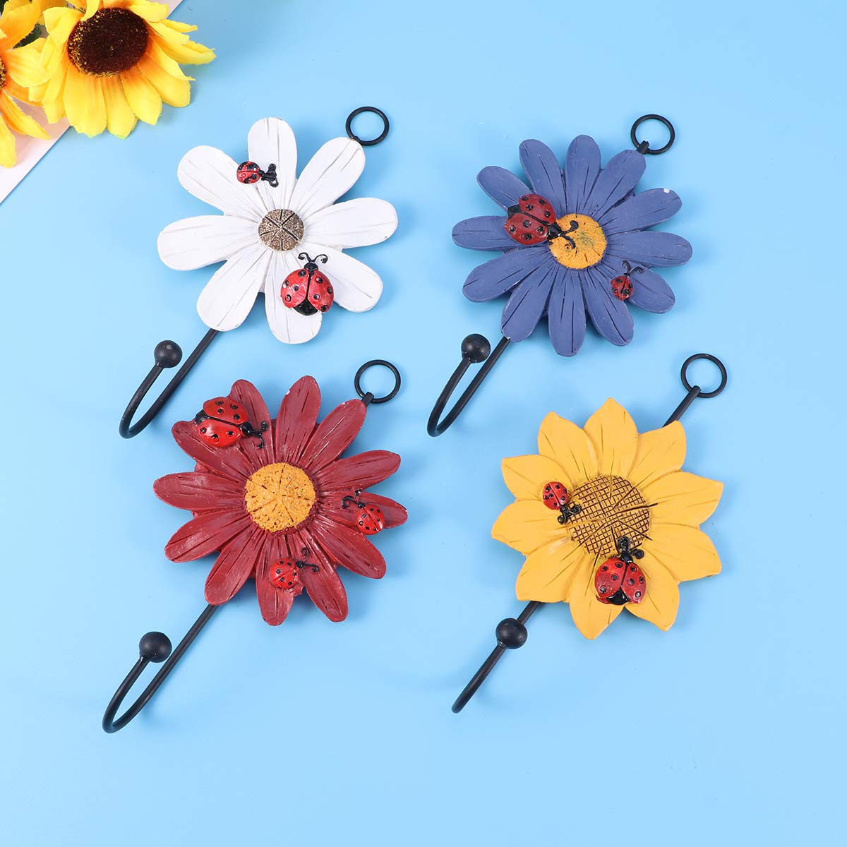 4-Pack Decorative Flower Resin Wrought Iron Wall Hooks - Red, Yellow, White & Purple - Coat Hooks for Garden, Entryway, Bedroom & Bathroom Organization - Rustic Home Decor Hanging Solution for Coats, Hats, Bags & Towels