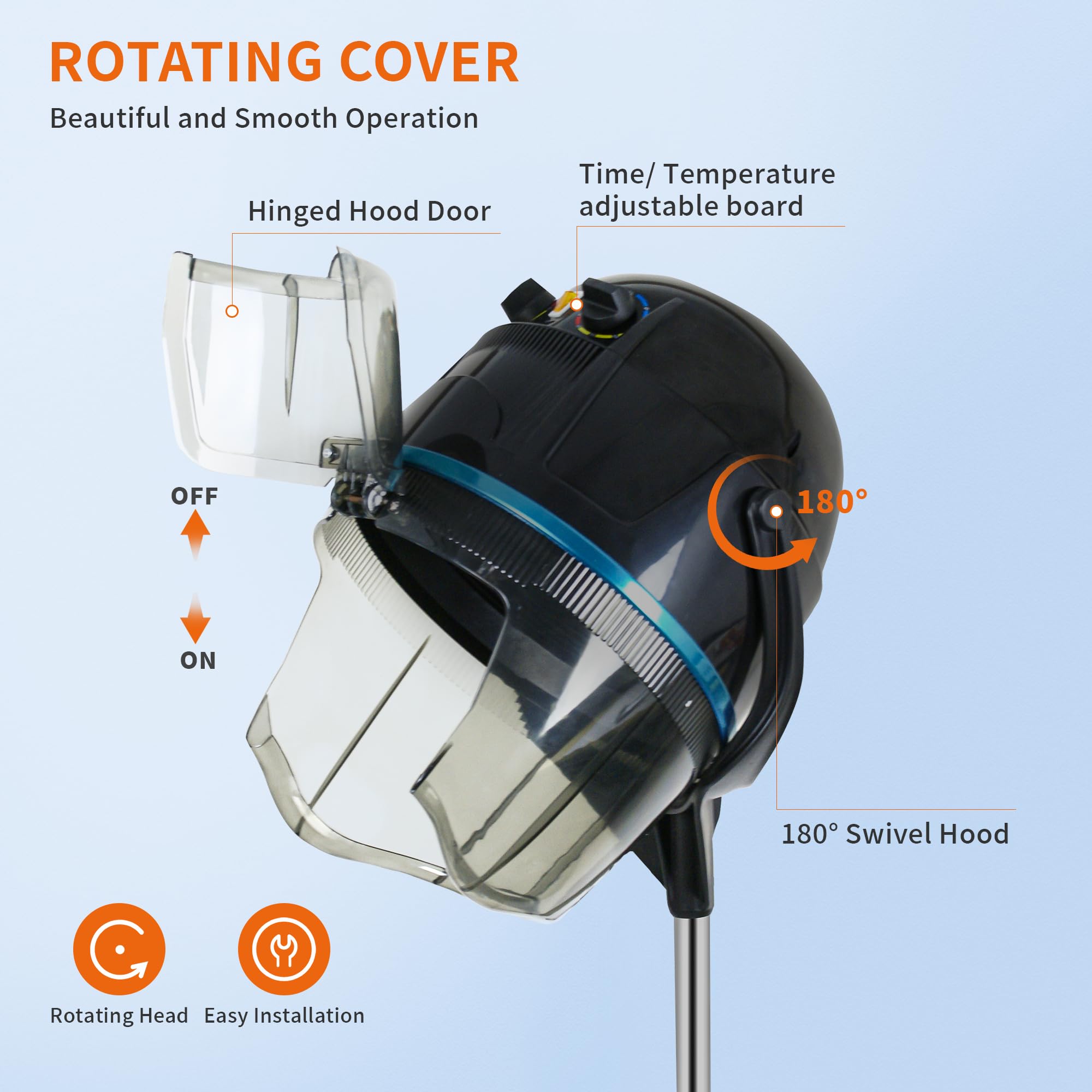 1300W Adjustable Hooded Hair Dryer with Rolling Wheels - Professional Salon Bonnet Dryer for Home Spa & Beauty Treatments | Black | Perfect for Hair Styling, Deep Conditioning & At-Home Hair Care