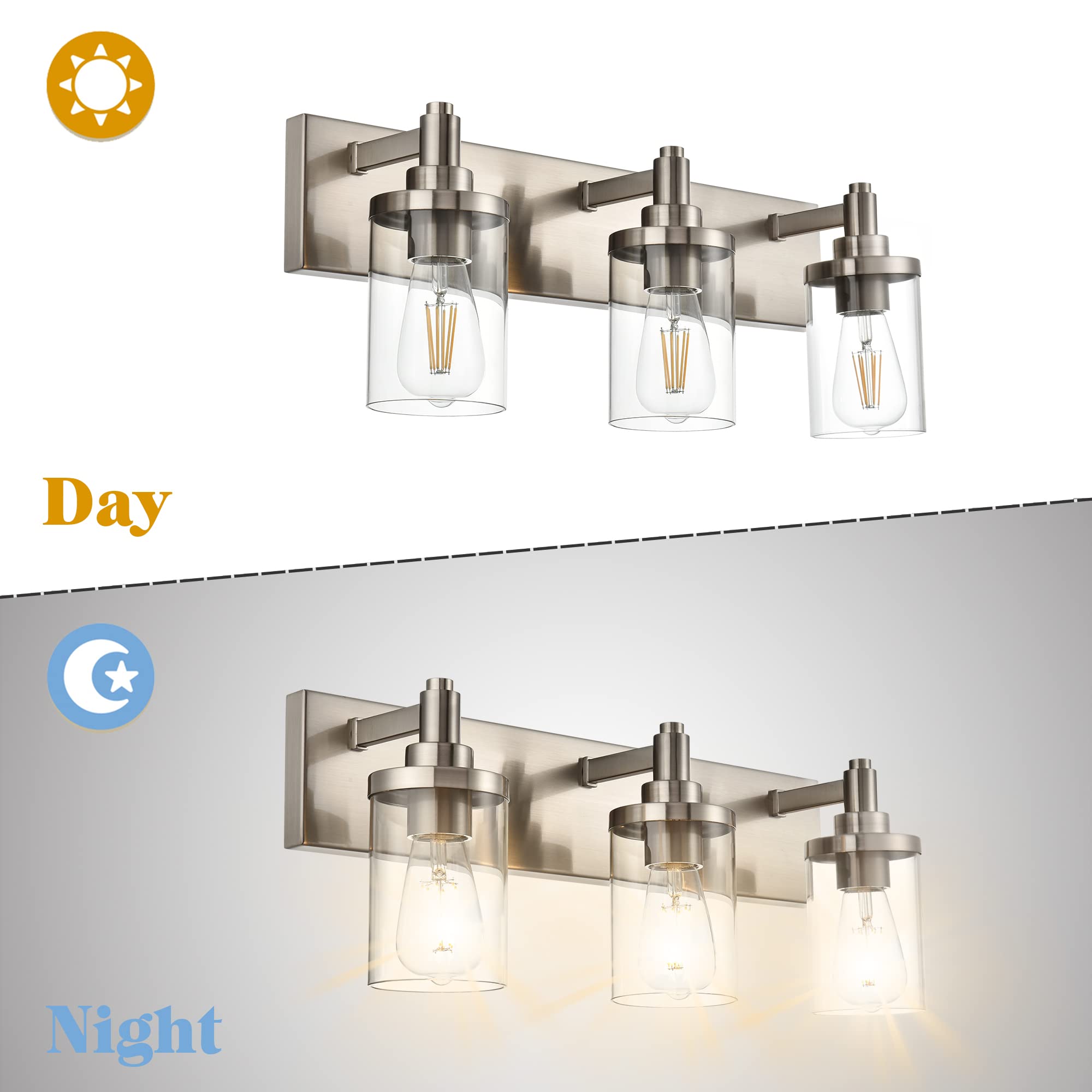 Modern 3-Light Bathroom Vanity Wall Sconce - Brushed Nickel Industrial Lighting Fixture with Clear Glass Shade, E26 Base - Perfect for Bathroom Mirror, Bedroom, Kitchen & Hallway Lighting Decor