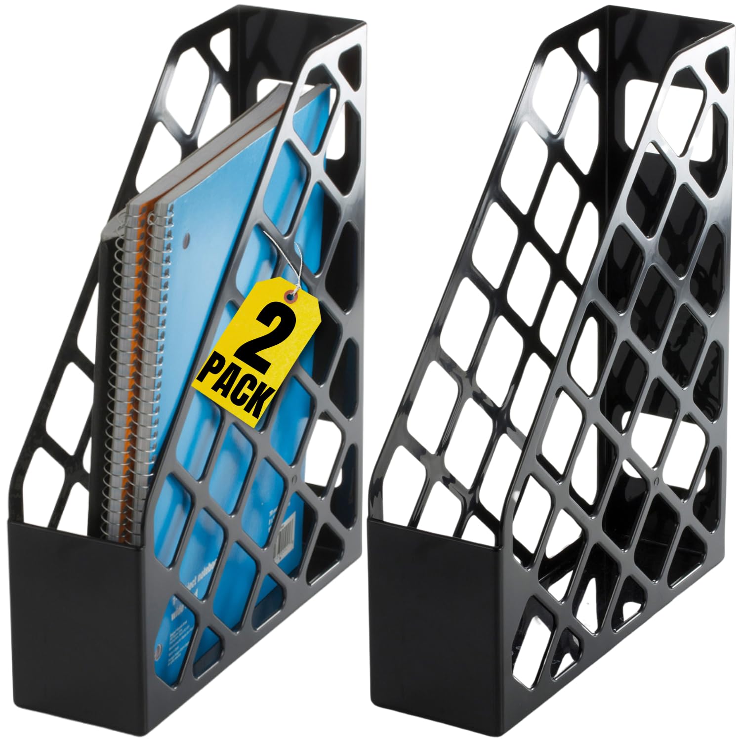 1InTheOffice Plastic Magazine File Holder - 2 Pack Black Recycled File Organizer Box, 3 x 10 x 11.88 Inches - Perfect for Office, Home, or School Document Storage & Organization