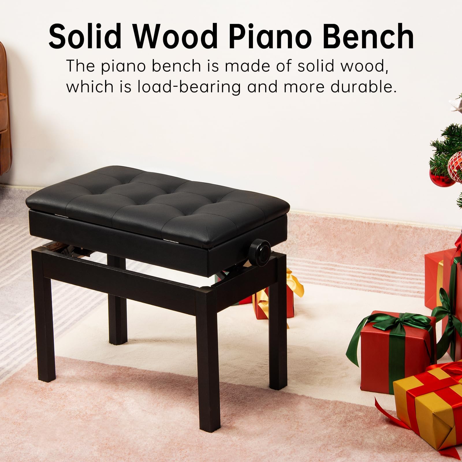 Adjustable Wooden Piano Bench with Storage - Black Padded Seat, Sheet Music Compartment (22.05