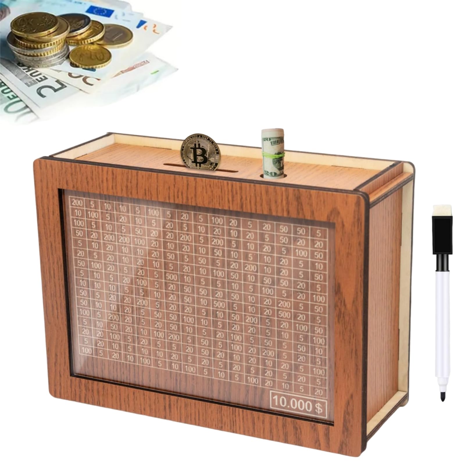 10000 Savings Challenge Box - Wooden Digital Piggy Bank with Coin Slot | Money Saving Box for Budgeting & Cash Vault | Perfect for Kakeibo Method, Financial Goals & Home Office Savings