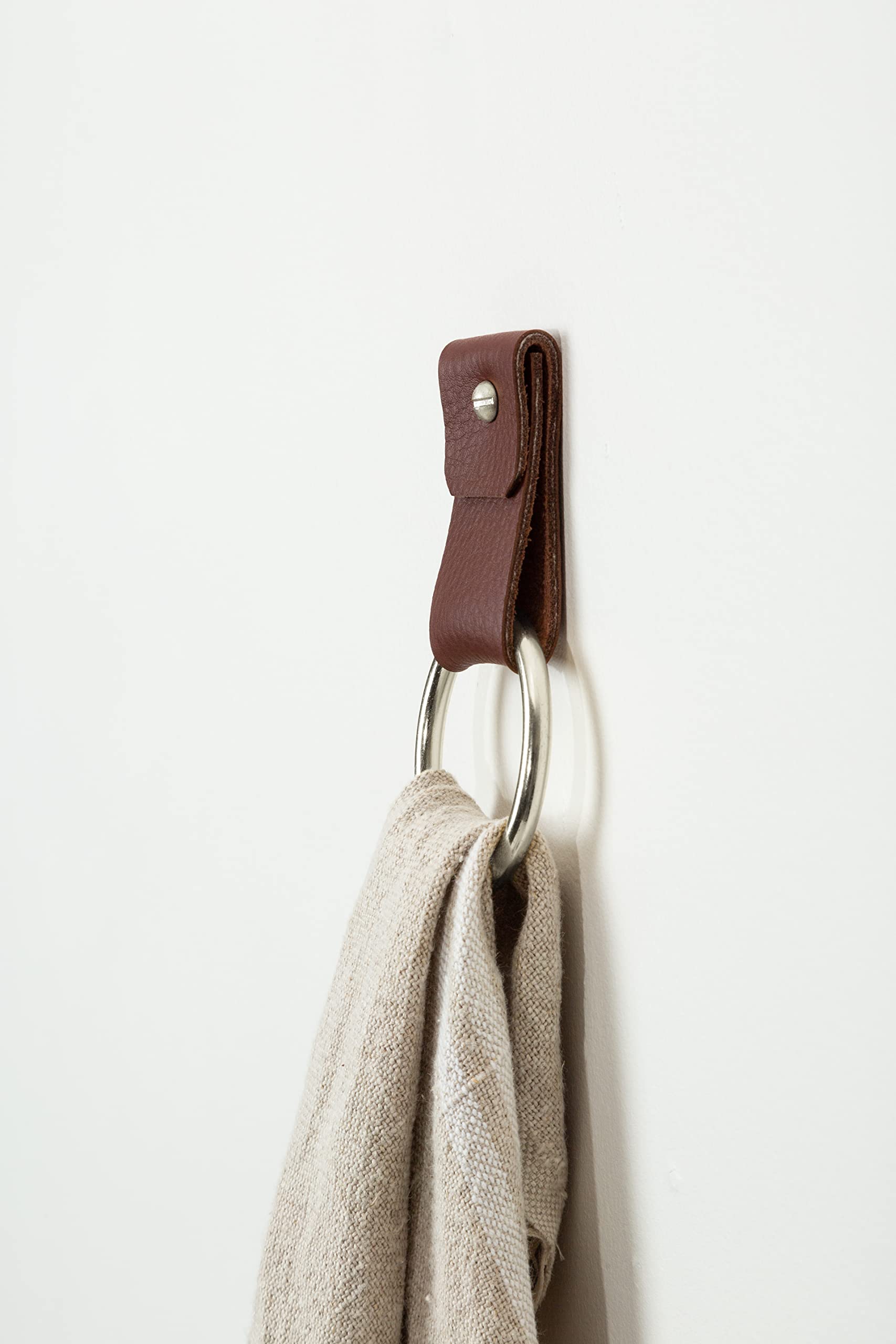 KEYAIIRA Small Wide Leather Wall Hook - Minimalist Steel Towel Ring, Wall Mounted Leather Loop Strap for Hand Towels, Bathroom Storage & Decorative Organizer - Perfect for Bathrooms, Kitchens, and Entryway Organization