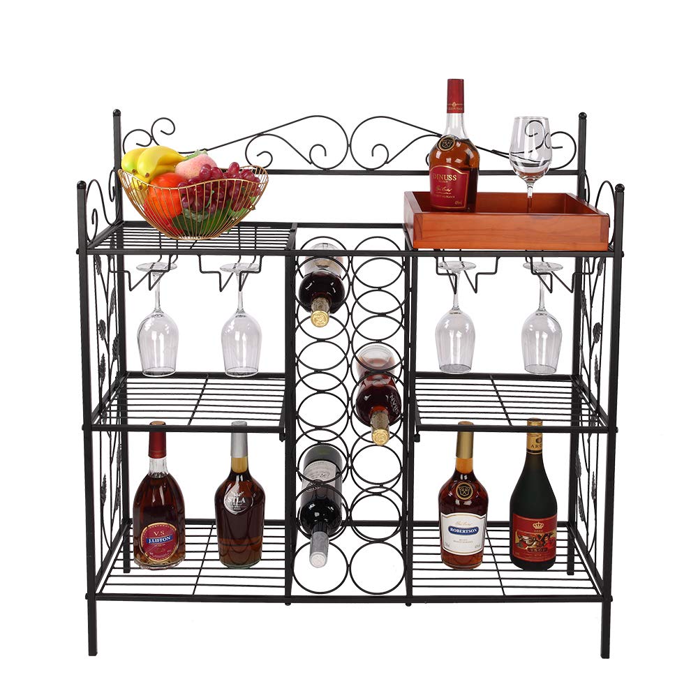 Black Kitchen Bakers Rack with 12-Bottle Wine Storage & 12-Glass Holder - Sturdy Console Table for Dining Room, Kitchen Island, or Pantry Organization