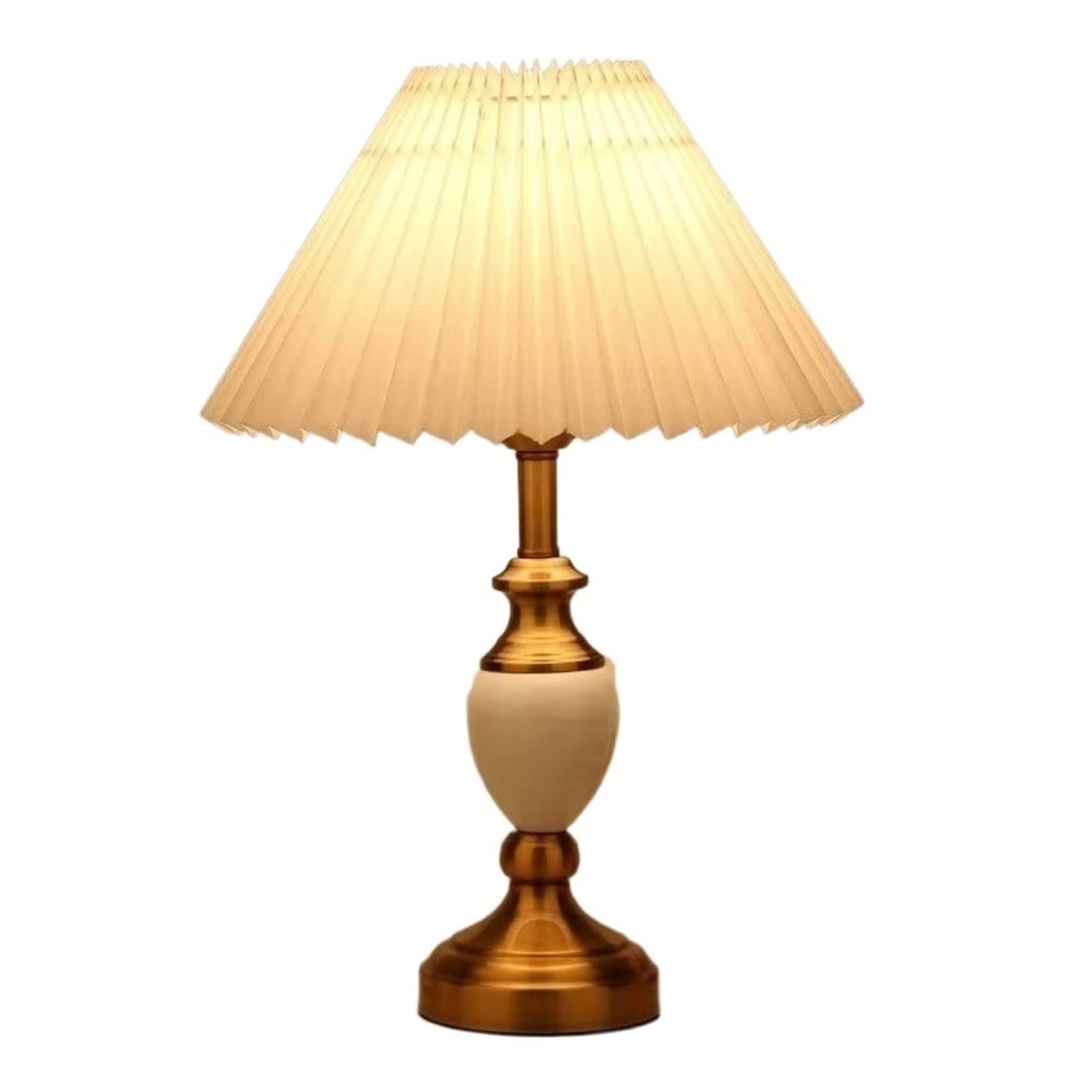 TOMYEUS Pleated Ceramic Table Lamp - Elegant Bedside Nightstand Lamp for Living Room, Bedroom & Study | High-End Electroplating Copper Finish | Perfect for Guest Rooms & Home Decor (White Lampshade) | Creates Cozy Ambiance for Reading & Relaxation