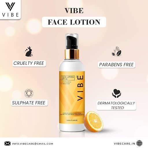 VIBESS Brightening Face Lotion with SPF 20 | Vitamin C & Geranium Moisturizer for Dry Skin | 100ml Hydrating Cream for Women & Men | Natural UV Protection & Skin Nourishment | Perfect for Daily Skincare & Sun Defense