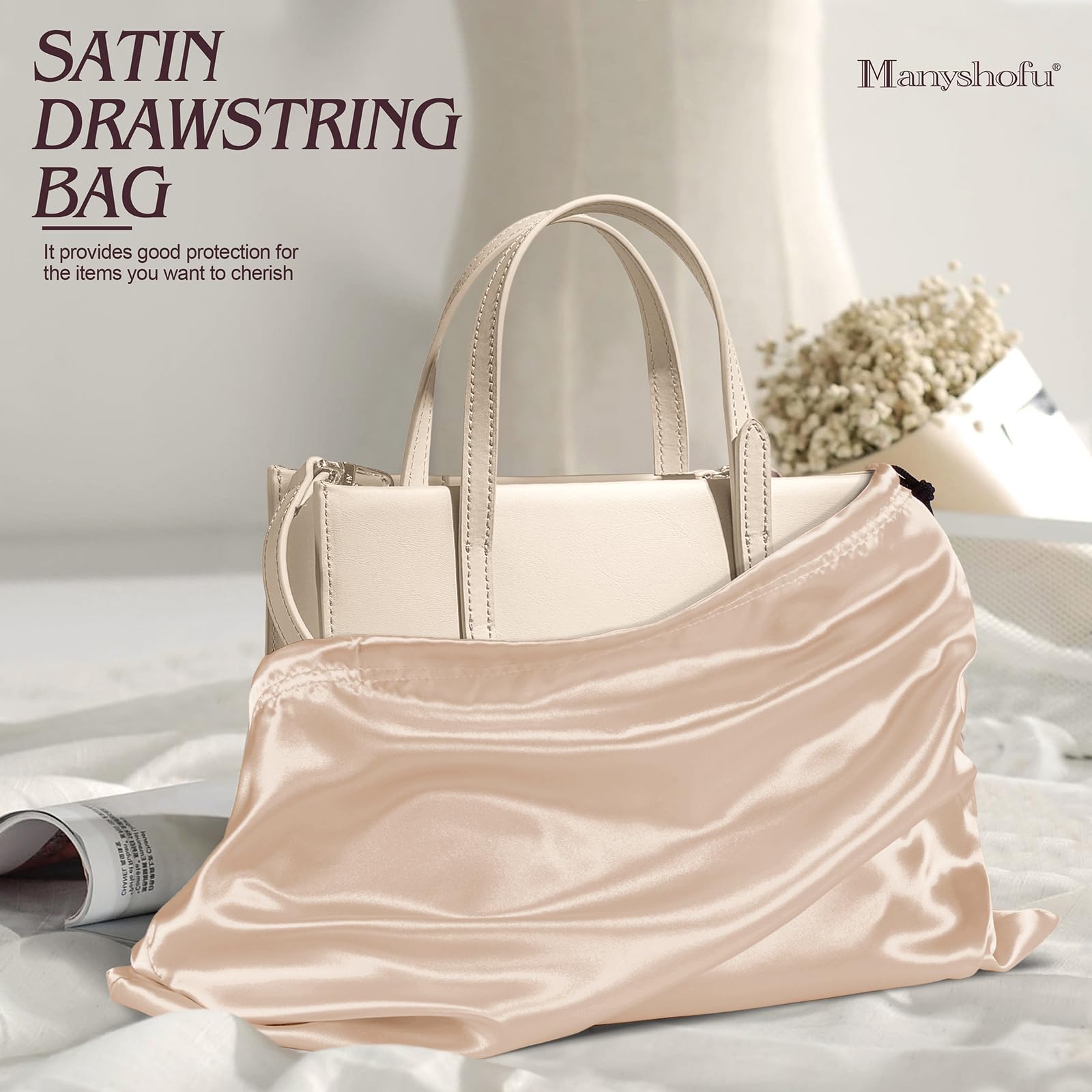 7 Pack Satin Dust Bags for Handbags & Shoes - Premium Silky Beige Drawstring Storage Pouches - Dustproof Protector for Travel, Luxury Handbag & Shoe Storage (19.6