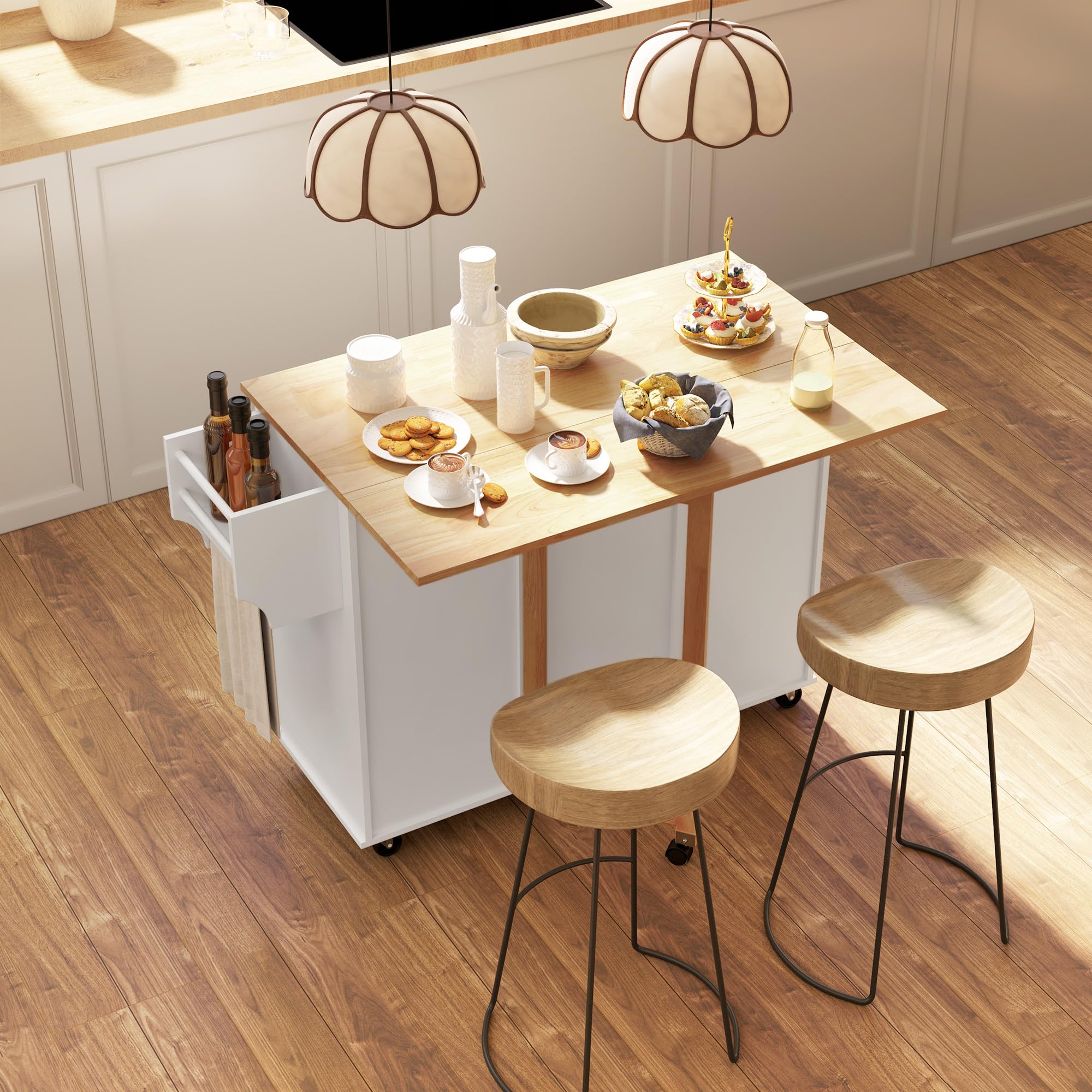 HOMCOM White Kitchen Island with Drop Leaf - Rolling Kitchen Cart on Wheels with 3 Drawers, 2 Cabinets & Natural Wood Top - Includes Spice Rack & Towel Rack - Perfect for Small Kitchens, Dining Areas & Food Prep Stations
