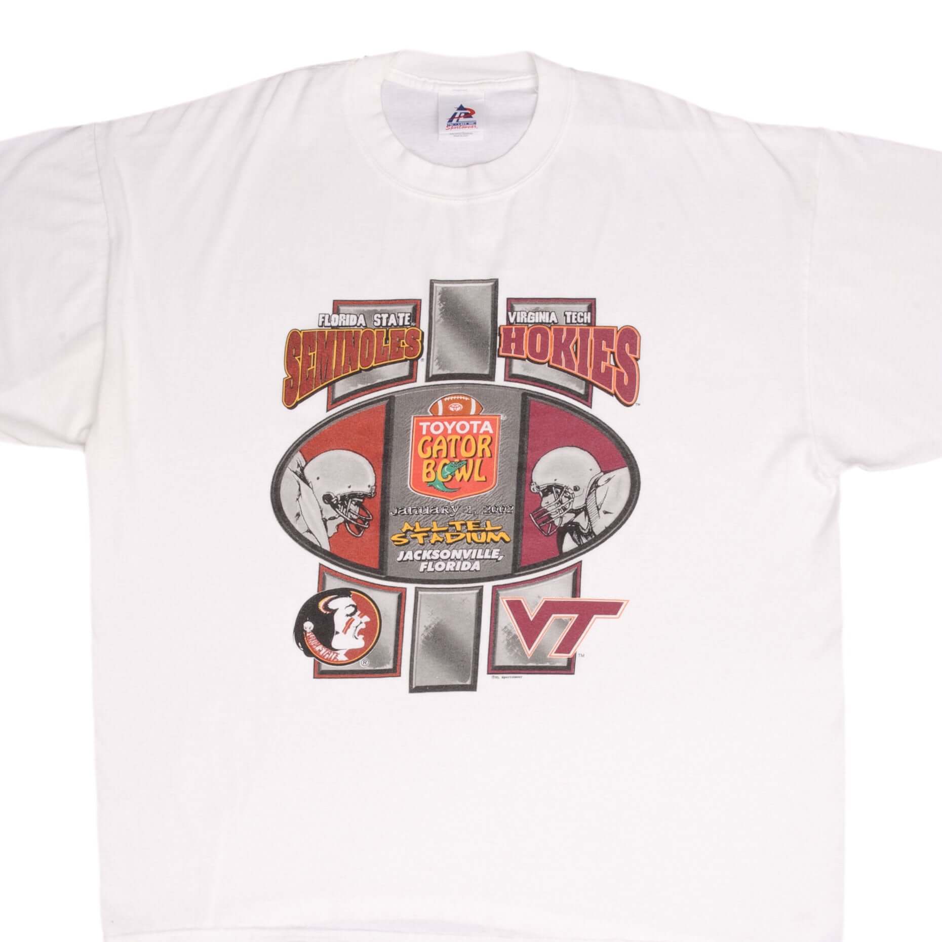 Vintage Florida State Seminoles vs Virginia Tech Hokies Gator Bowl 2002 Retro T-Shirt - Size 2XL - College Football Fan Apparel for Game Day & Sports Events