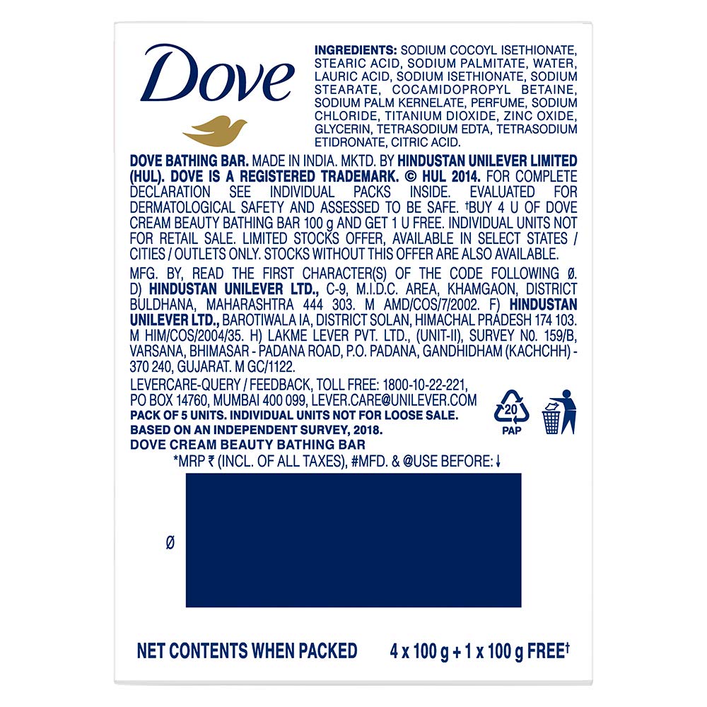 Dove Cream Beauty Bathing Bar with 1/4 Moisturizing Cream for Softer, Smoother Skin - 100g (Pack of 4 + 1 Free) | Gentle Cleansing & Hydrating for Dry Skin - Perfect for Daily Shower, Spa & Travel