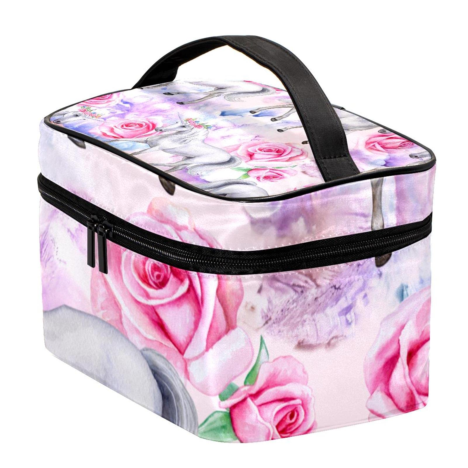 Unicorn Fairies Magic Rose Floral Travel Makeup Bag - Large Cosmetic Organizer with Zipper for Women & Girls - Perfect for Travel, Gym, and Daily Beauty Storage