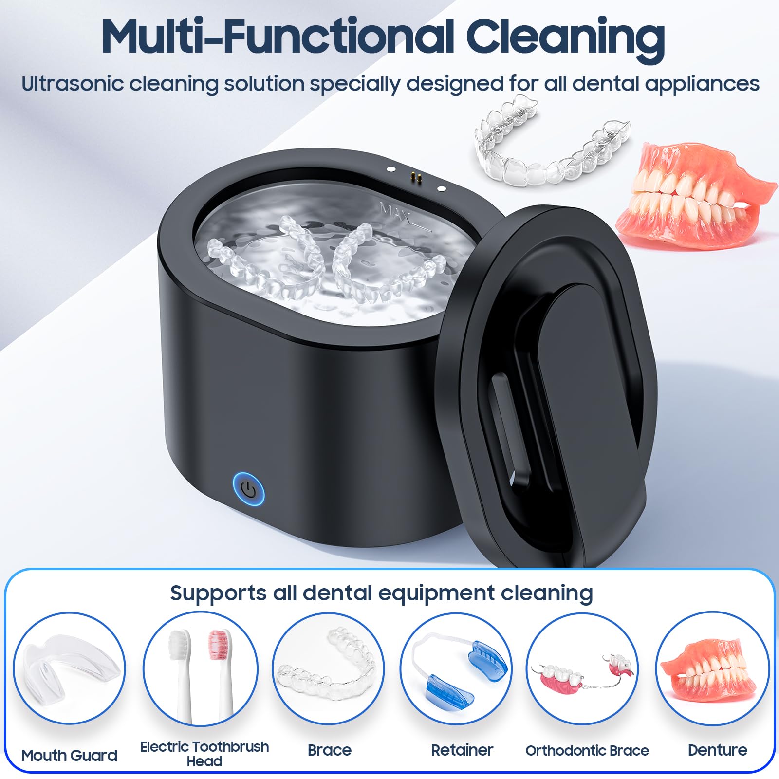Portable Ultrasonic Retainer Cleaner - 45kHz Dental Appliance Cleaner for Dentures, Mouth Guards & Aligners | Fast & Gentle Cleaning for Oral Care at Home or Travel