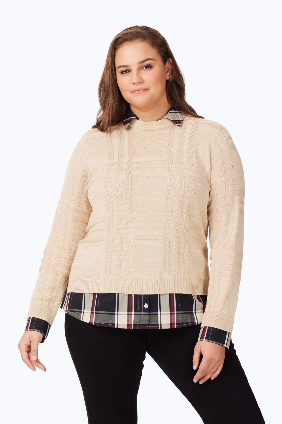 Women's Plus Size Layered Tartan Long Sleeve Sweater - Cozy Fall & Winter Knit Pullover for Casual Outfits and Holiday Gatherings