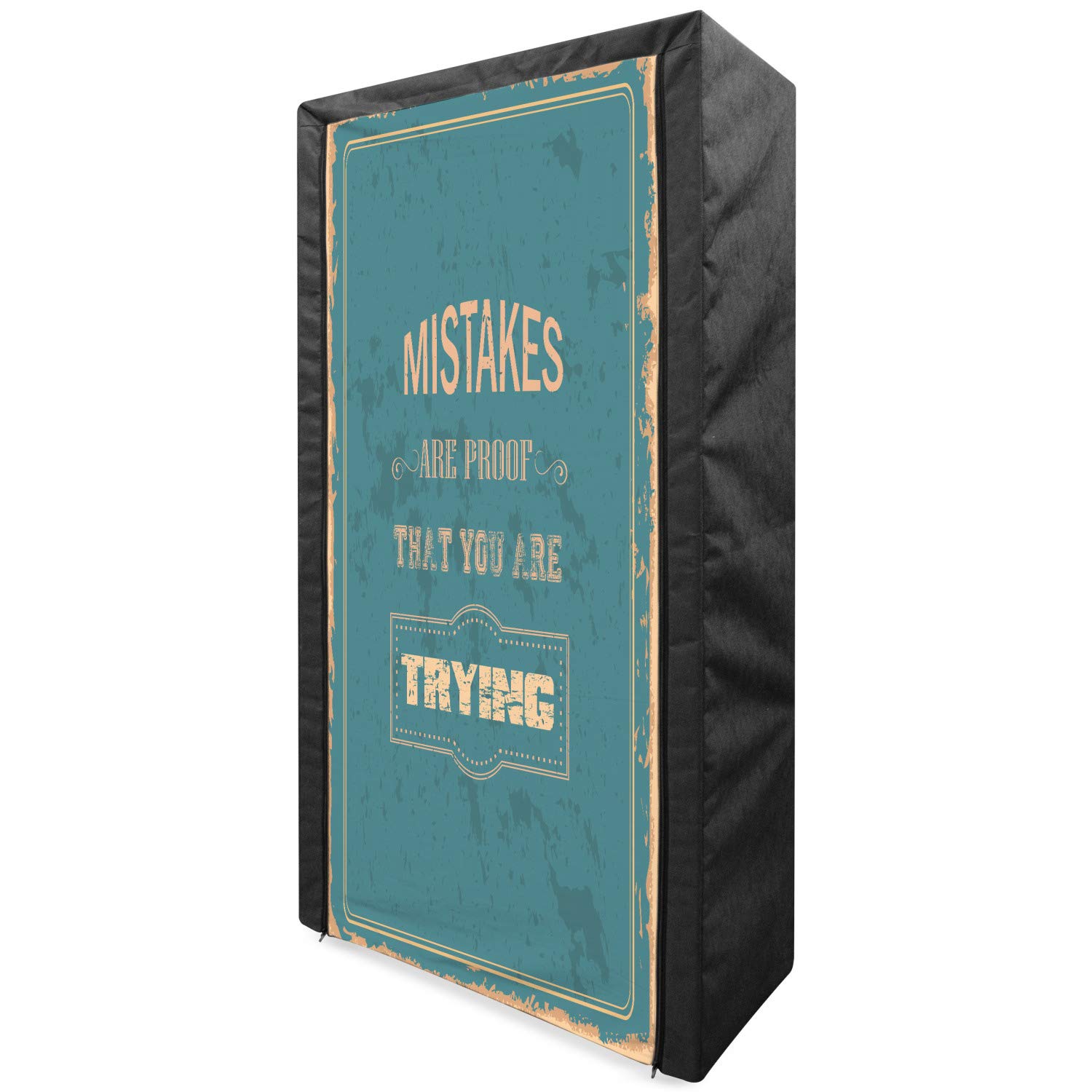 Ambesonne Vintage Inspirational Words Fabric Wardrobe - Portable Clothing Organizer with Shelves, Distressed Look, 33.5 Inch, Sand Brown Teal | Perfect for Bedroom, Closet & Dorm Storage