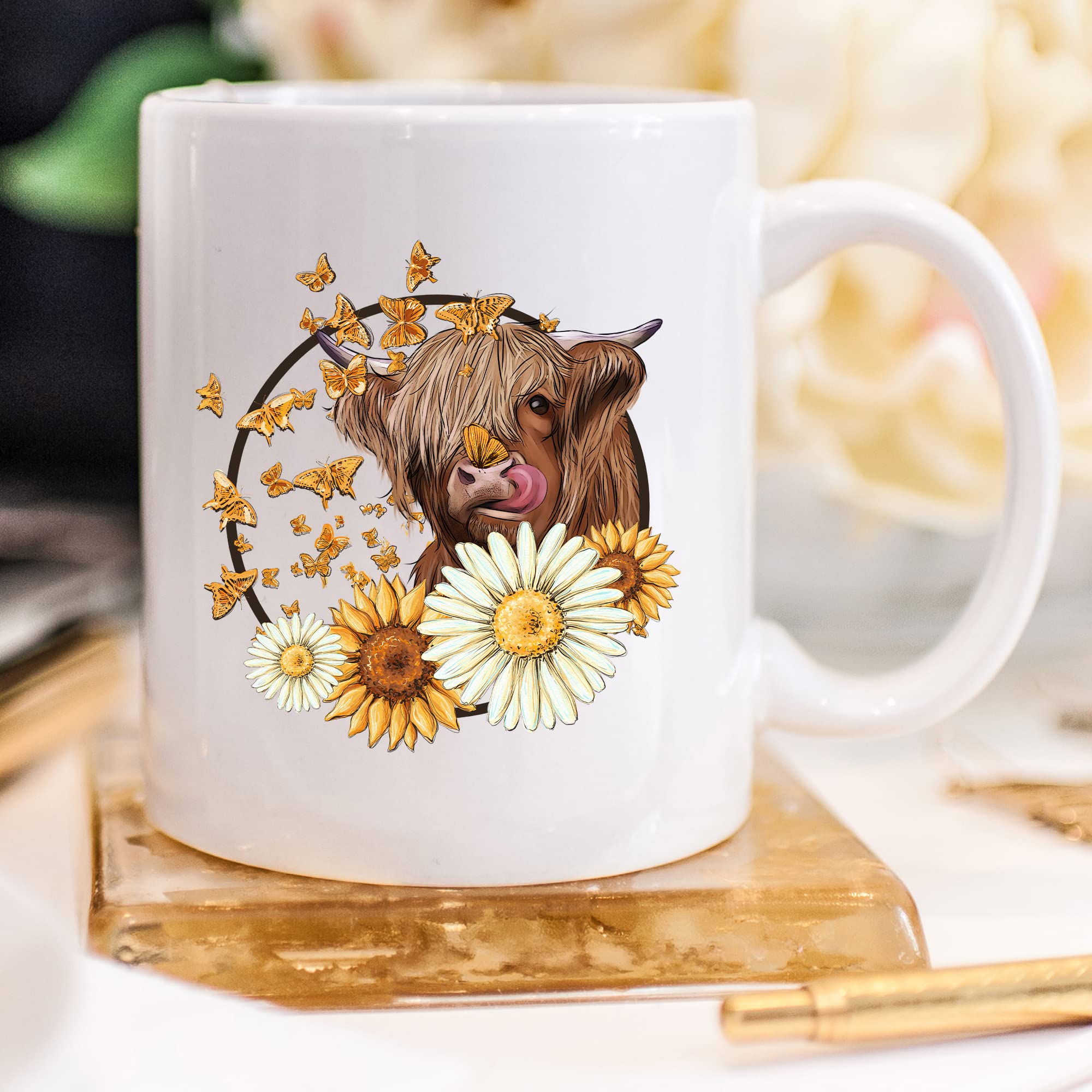 YouNique Designs 11oz Highland Cow Coffee Mug - Cute Cow Print Ceramic Cup for Women, Farmhouse Style White Cow Themed Mug - Perfect for Coffee, Tea, Hot Chocolate & Farmhouse Decor