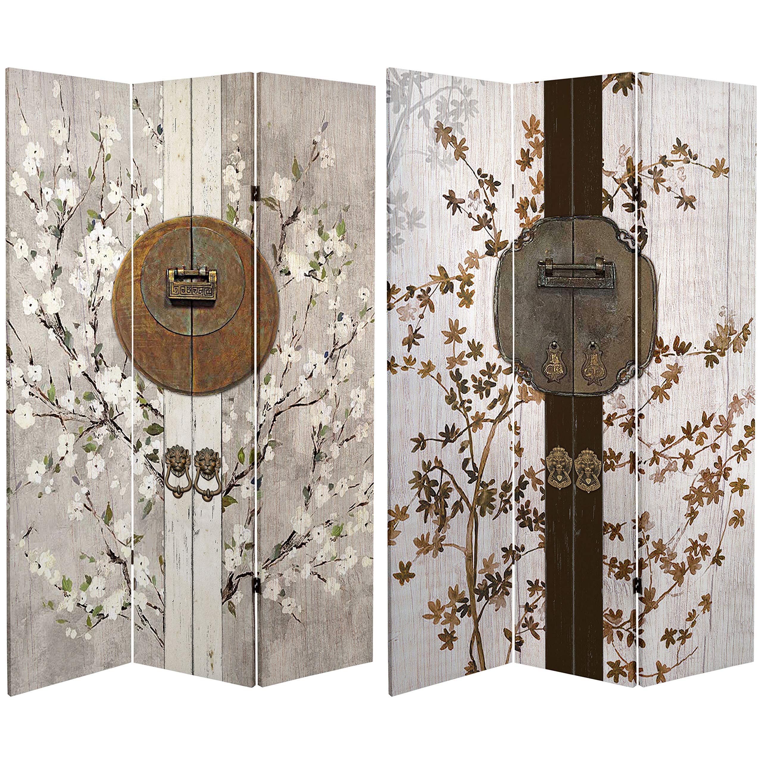 6 ft. Tall Double Sided Asian Style Red Lantern Canvas Room Divider - Ivory Home Decor for Living Room, Bedroom & Office Partition