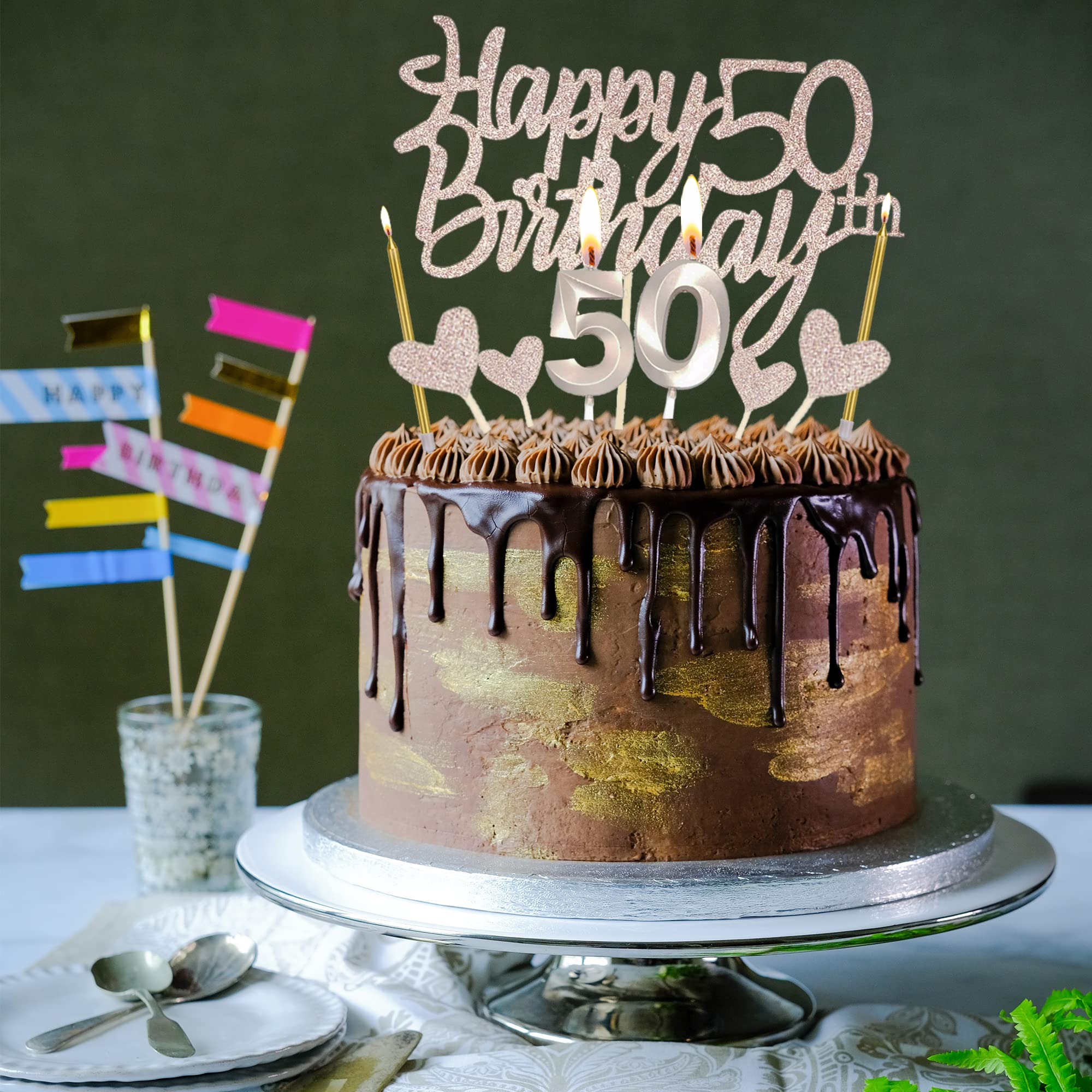 50th Birthday Cake Topper Set - Number 50 Candles, Heart Cupcake Toppers & Cake Decorations (17-Piece) for 50th Anniversary Party | Perfect for Milestone Celebrations, Retirement Parties & Golden Jubilees