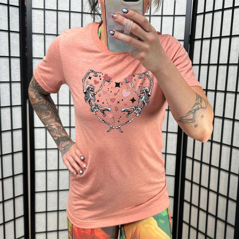 Unisex Skeleton Heart Print T-Shirt - Gothic Halloween Casual Wear for Men & Women