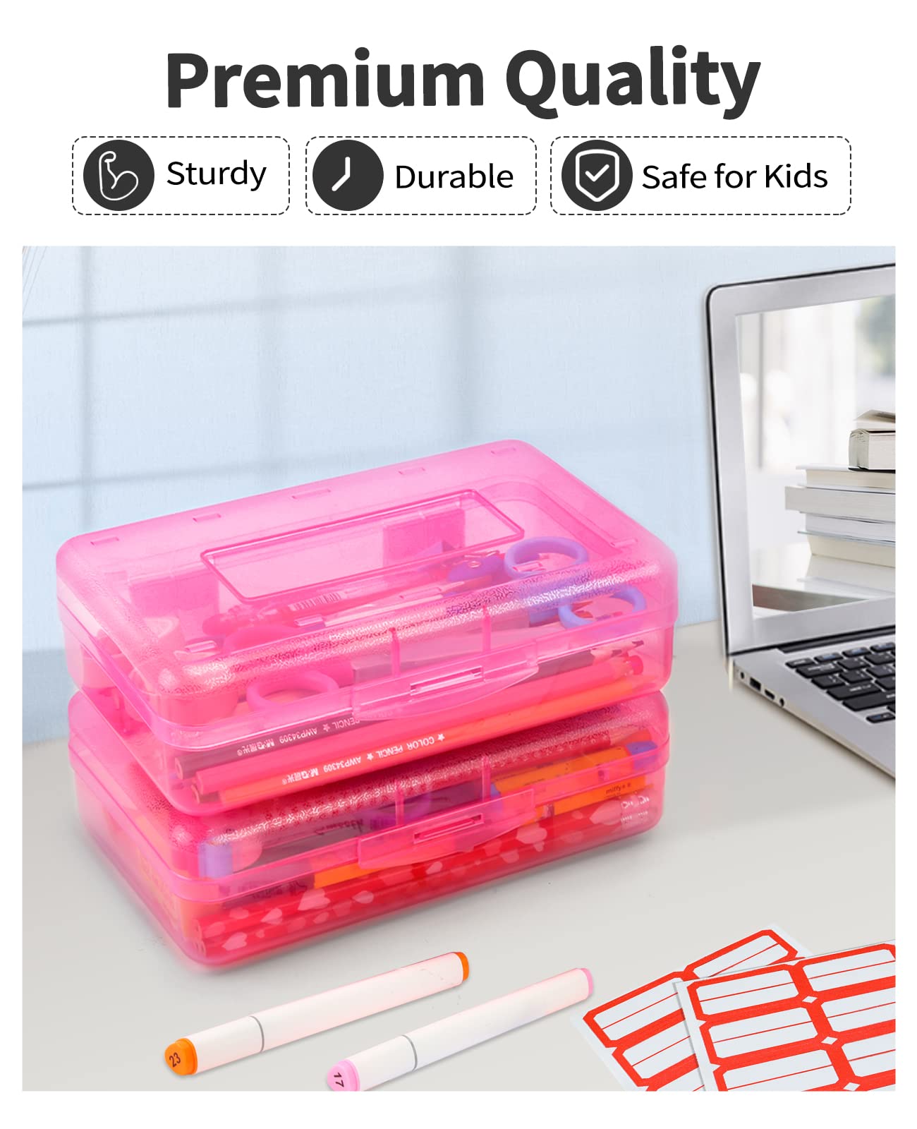 Sooez 6 Pack Clear Plastic Pencil Boxes with Lids - Hard School Supply Organizer for Kids, Stackable Crayon Storage Case - Perfect for Classroom, Art Supplies & Back to School Organization
