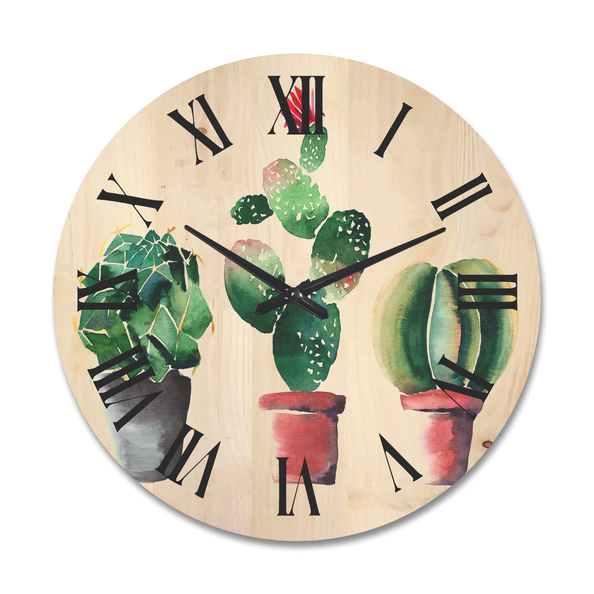 Large Traditional Wood Wall Clock with Three Cacti in Clay Pots - Oversized Floral & Botanical Decor for Living Room, Bedroom or Office - Rustic Home Décor Wall Clock