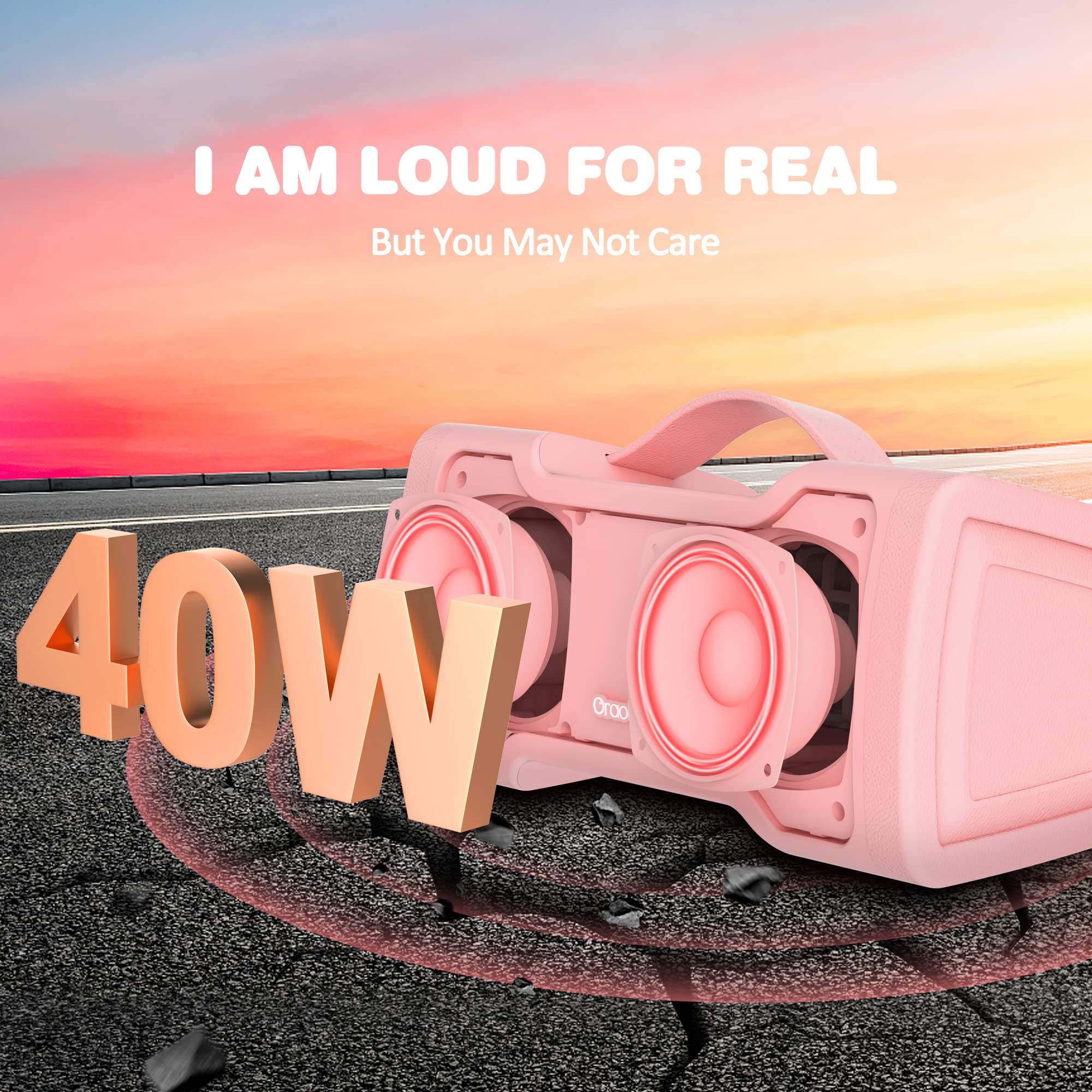 Oraolo 40W Pink Bluetooth Speaker - Portable Wireless Speaker with Loud Stereo Sound, IPX6 Waterproof, USB/AUX Input, Built-in Mic for Clear Calls - Perfect for Home, Party, Outdoor, Travel, Gifts for Women & Girls