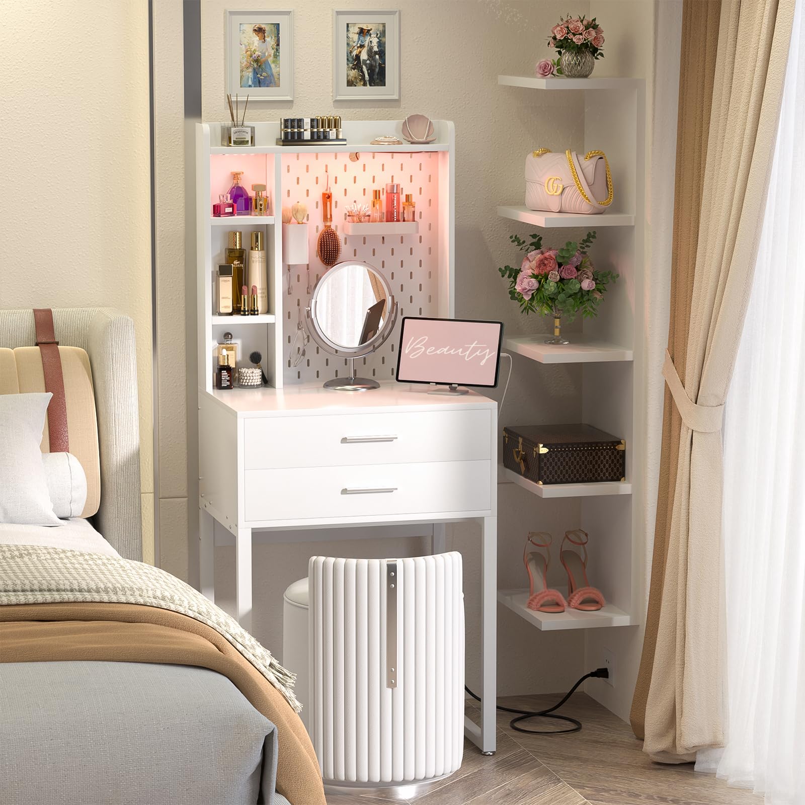 White Vanity Desk with Hutch, Drawers & LED Lights - 24