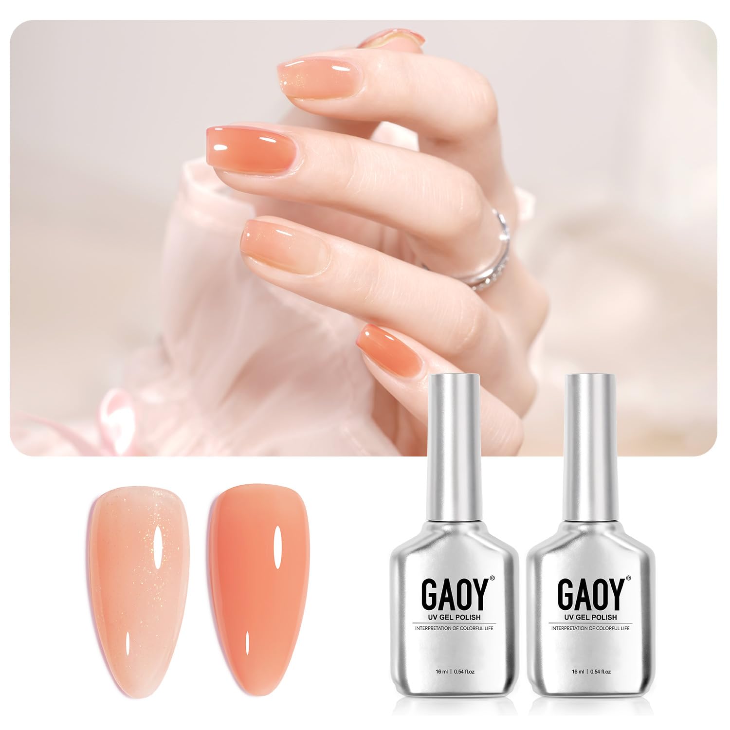 GAOY Nude Gel Nail Polish Set - 2 Colors 16ml Jelly Orange Shimmer & Sheer Soak Off UV Gel Polish for Natural Nails | Perfect for Manicures, Pedicures & Nail Art Designs