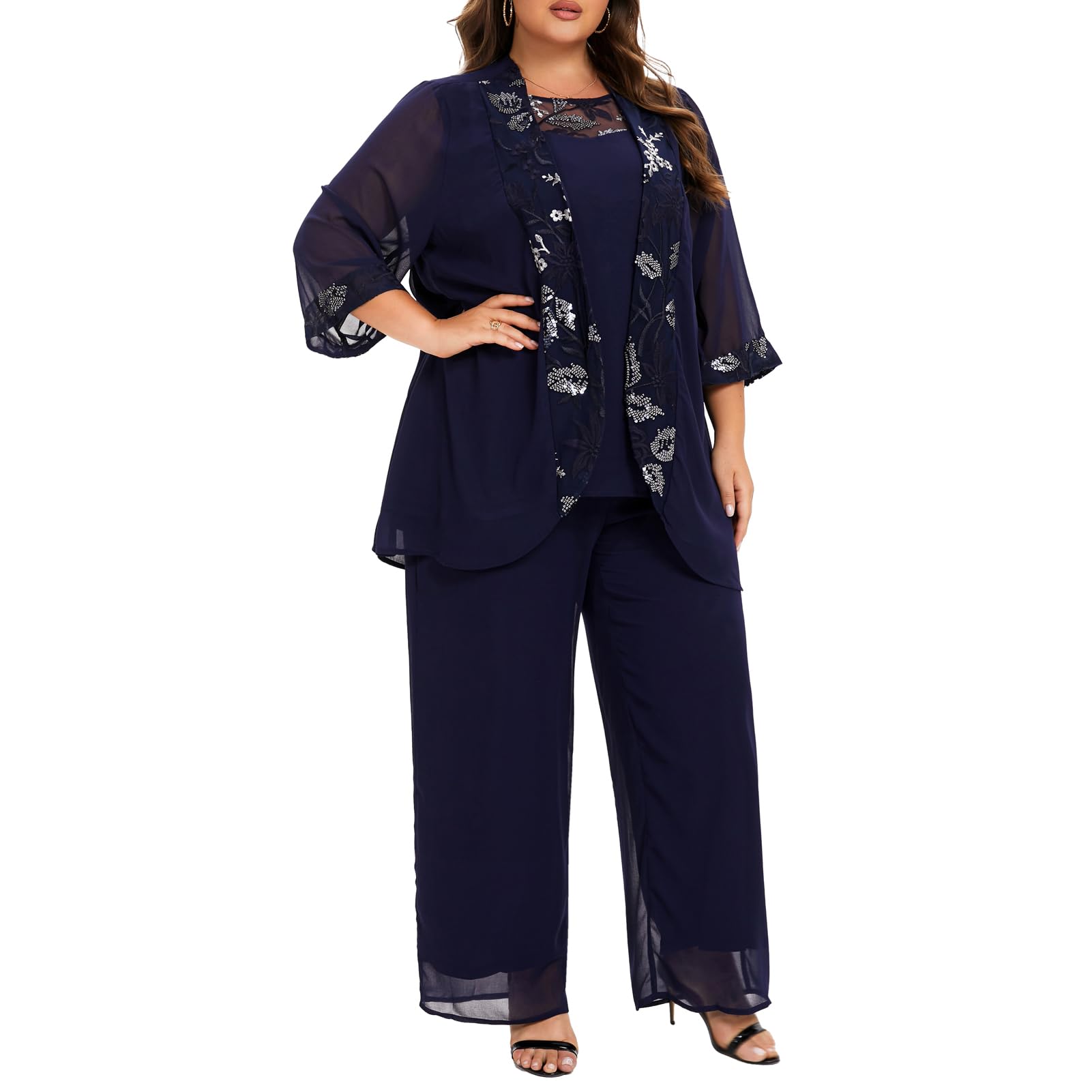 Elegant Plus Size Wedding Pant Suits for Women - 3 Piece Chiffon Mother of The Bride/Groom Outfit - Formal Evening Gowns for Wedding Parties, Receptions & Special Occasions