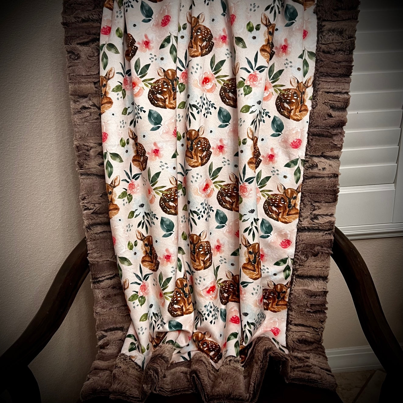 Soft Pink Deer & Floral Minky Baby Blanket 34x45 - Cozy Fox & Chestnut Design for Nursery, Stroller, and Swaddle