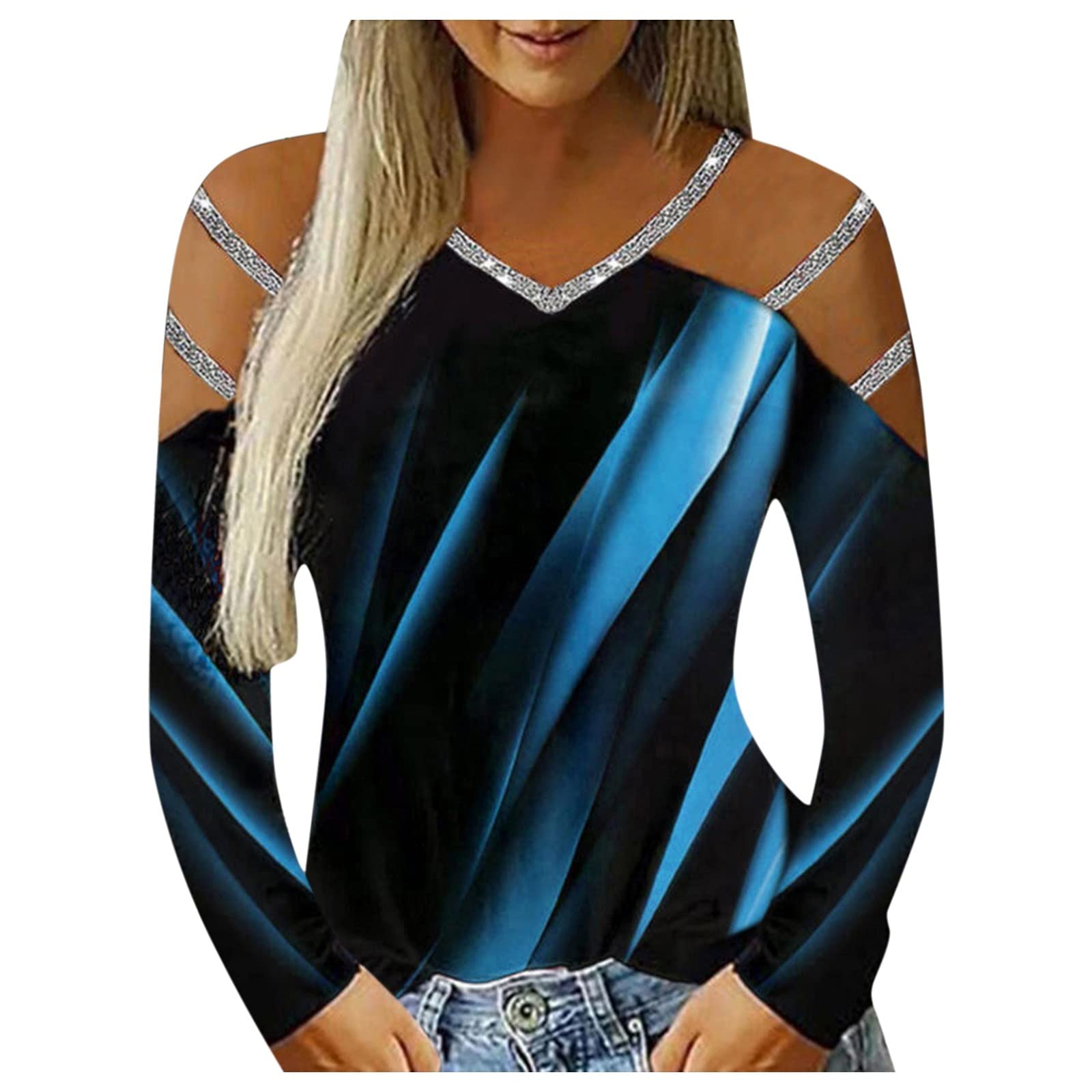 Women's Long Sleeve Cold Shoulder Tops - Criss Cross Hollow Out Round Neck Off Shoulder Tee Shirts for Casual Wear, Party, Date Night & Everyday Outfits