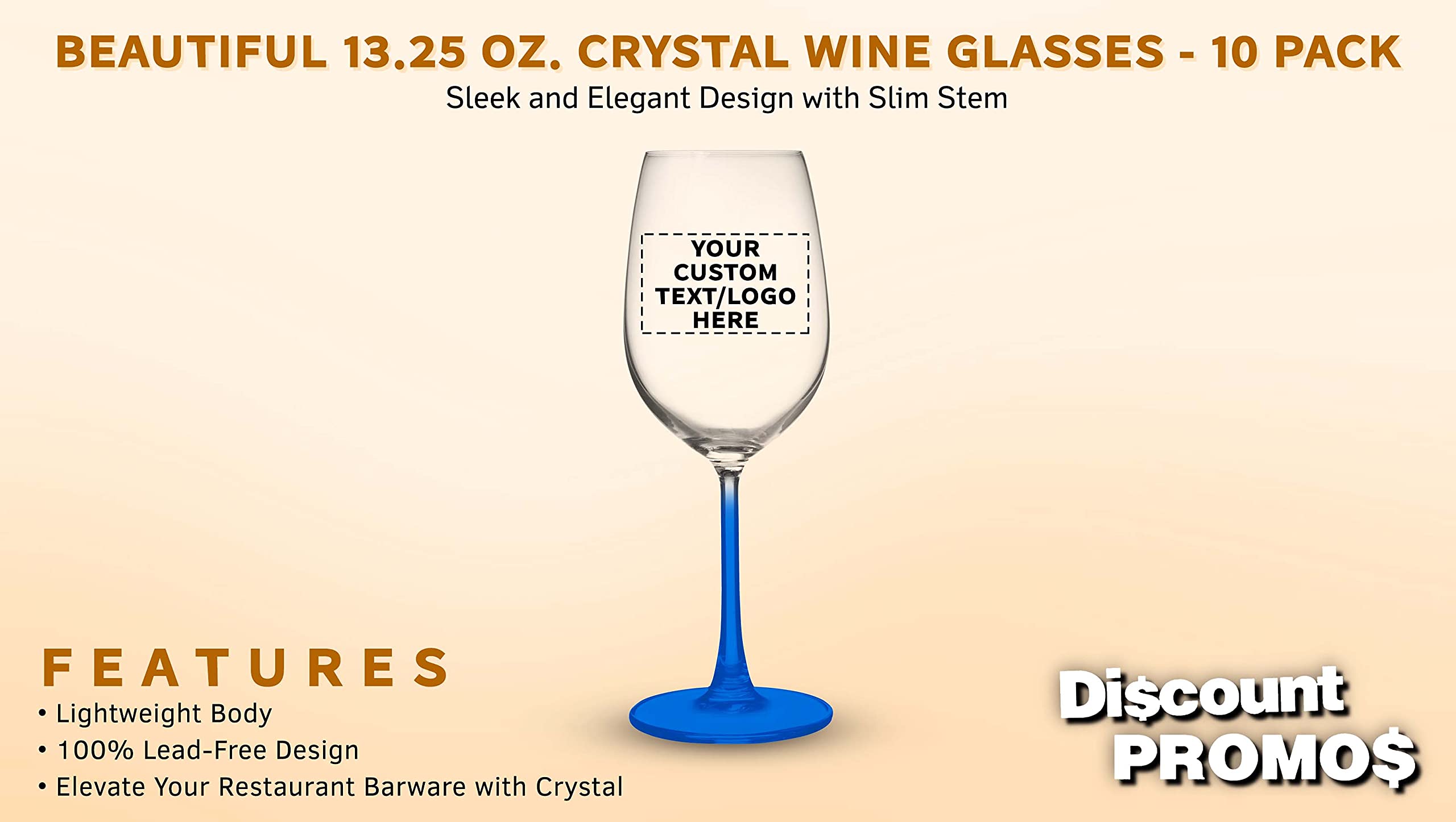 10-Piece Crystal Wine Glass Set - 13.25 oz Elegant Stemware with Custom Text/Logo - Lightweight Barware for Parties, Weddings & Home Entertaining - Blue