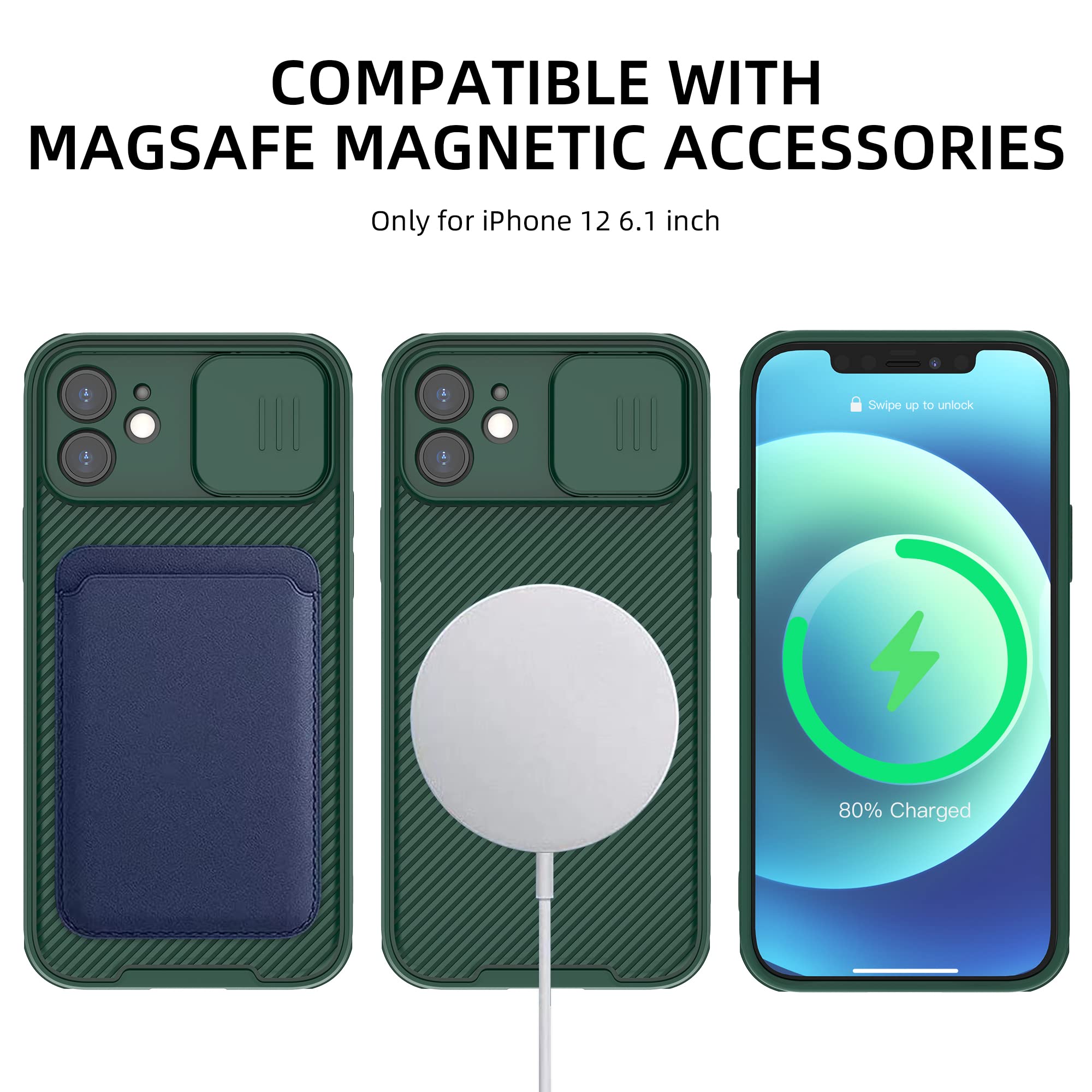 Hitaoyou Magnetic iPhone 12 Case with Slide Camera Cover - Slim Magsafe Compatible Protective Case for iPhone 12 (6.1 Inch) - Green | Perfect for Daily Use, Travel & Wireless Charging