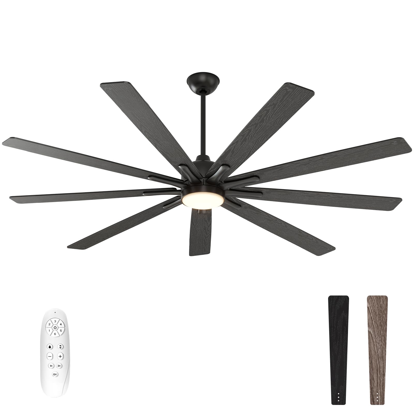 72-Inch Warmiplanet Ceiling Fan with Lights & Remote - Silent Reversible DC Motor, 6 Speeds, Dimmable 3-Color LED, Timer, 9 Black Blades - Perfect for Living Room, Bedroom & Outdoor Spaces