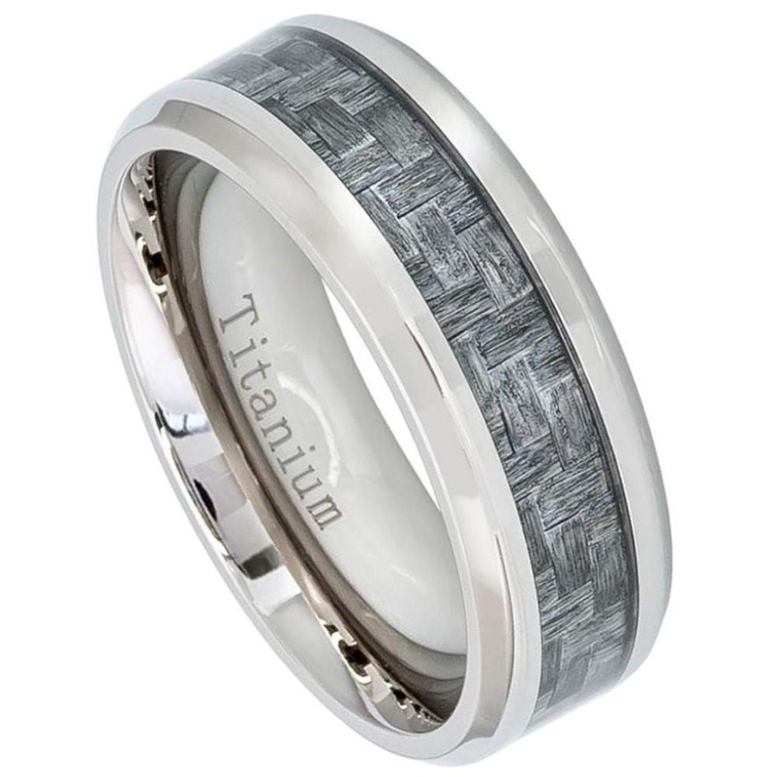 Personalized Laser Engraved Titanium Wedding Rings for Men & Women - 8mm Charcoal Gray Carbon Fiber Inlay Band - Custom Couple Rings for Anniversaries, Engagements & Special Occasions