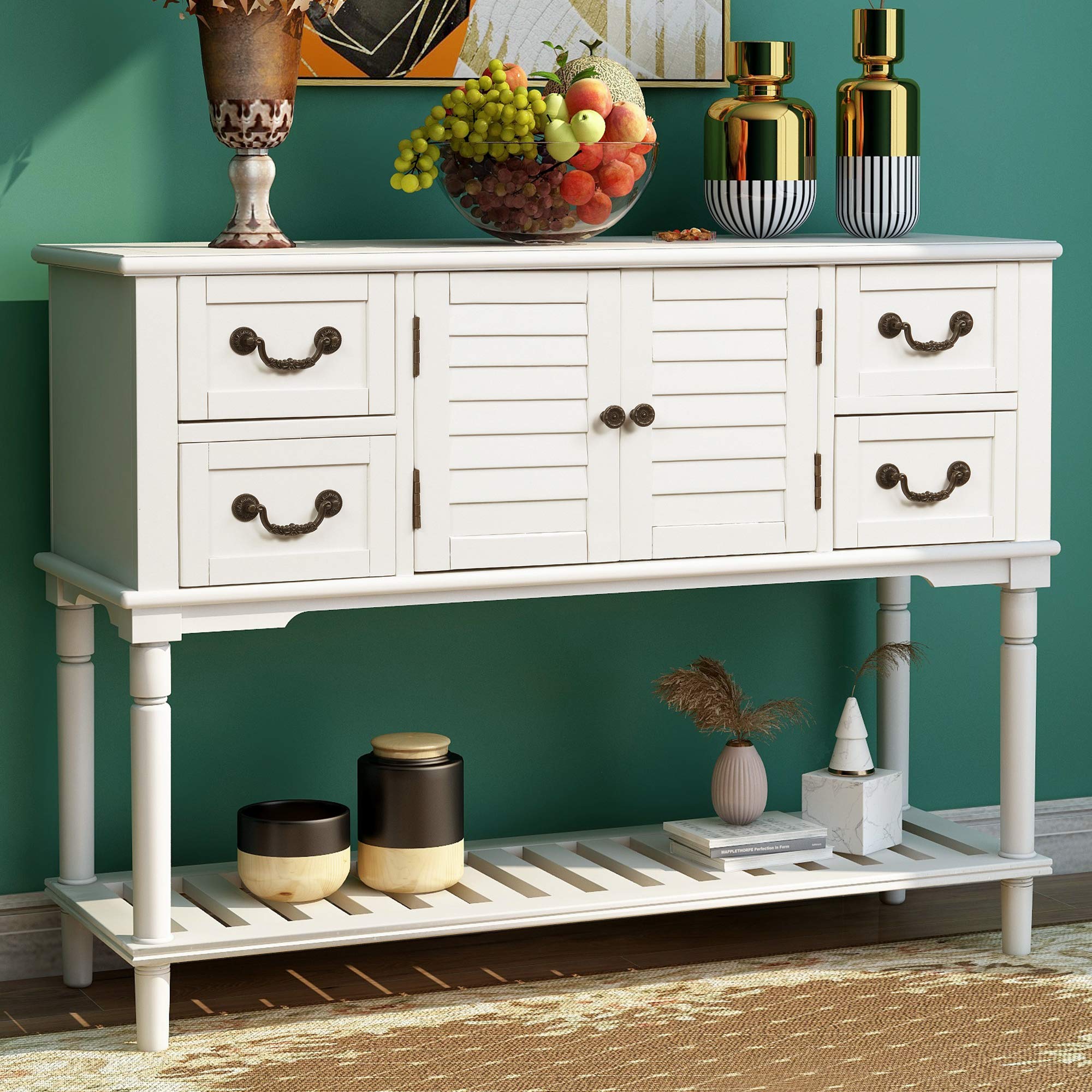 Rustic White Merax Console Table with Shutter Doors & 4 Drawers - 45.3