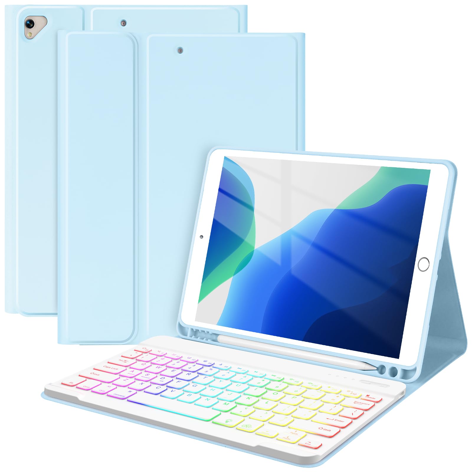 MORECOO iPad 9th Generation Case with Backlit Wireless Keyboard - 7 Color LED, Pencil Holder, Compatible with 10.2