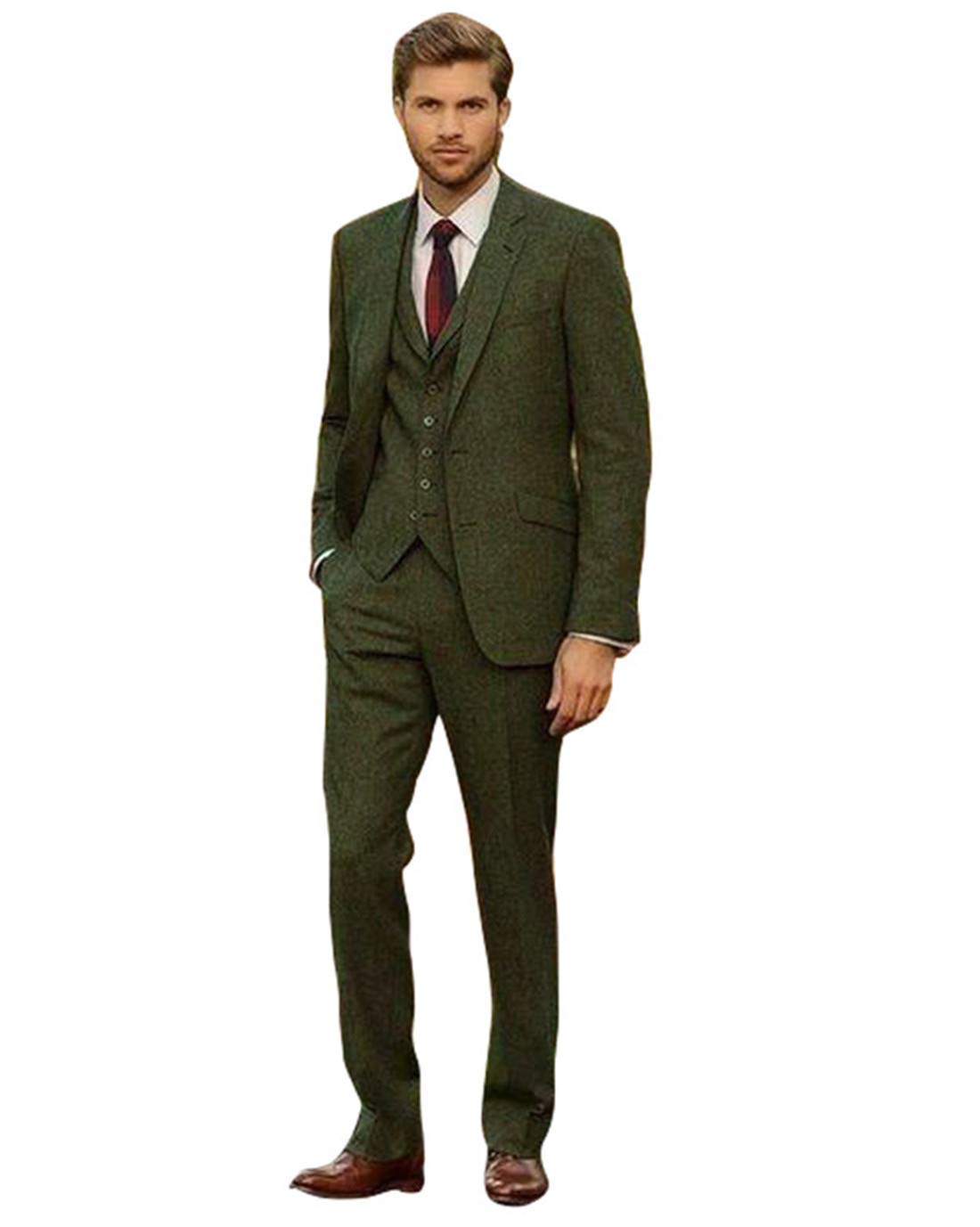 Men's Classic Olive Green Tweed Wool 3-Piece Suit Set - Vintage Wedding Groom Jacket, Vest & Pants - Perfect for Formal Events, Business Attire & Special Occasions