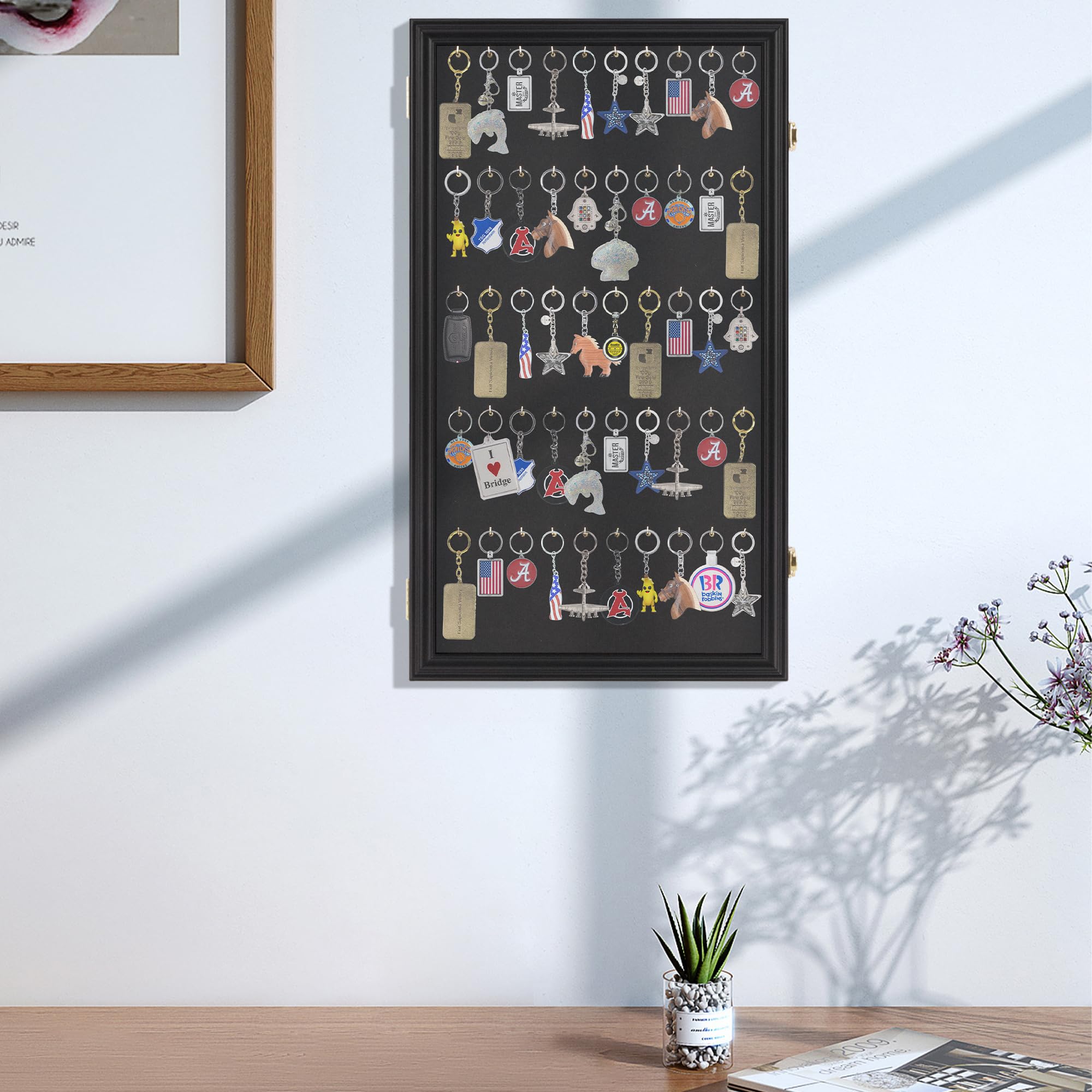 Wall Mount Display Case for Keychains, Fishing Lures & Pocket Watches - Black Finish Glass Cabinet - Perfect for Living Room Decor, Collectible Showcase & Retail Store Display
